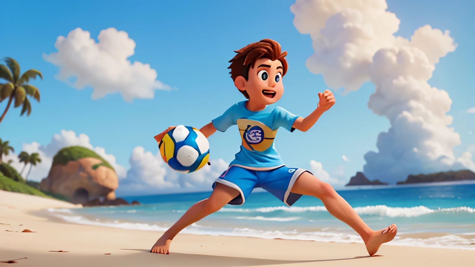 crie uma imagem no estilo Disney Pixar de um garoto jogando bola na praia