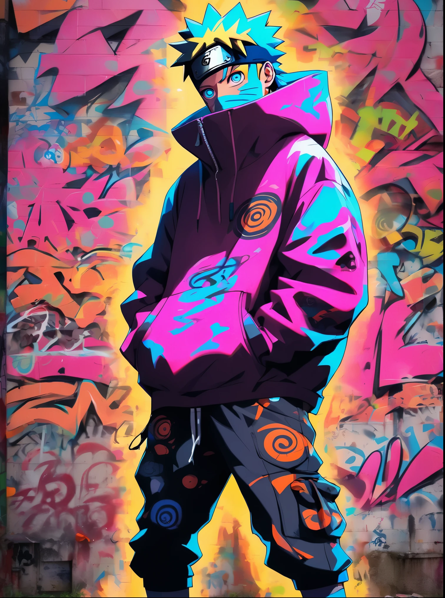 naruto with a neon onrange hoodie, standing in front of a graffiti-covered wall. cosmic theme.