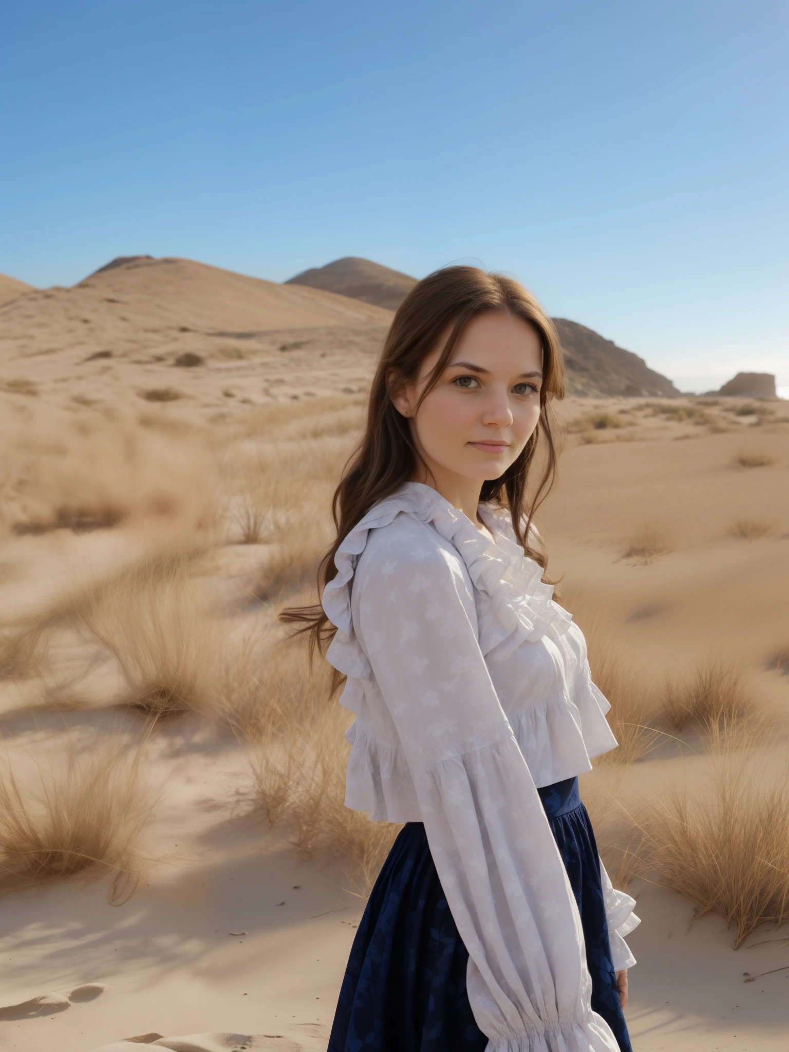 (portrait photo) of (jnmr woman:1.0), wearing a floral pattern frilled dress, by the beach, face in highlight, sunny day      