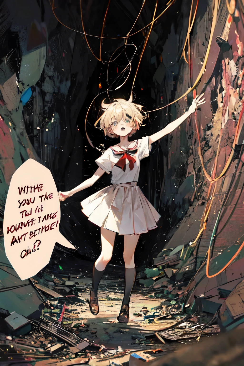 girl in sailor uniform in cave being held by ropes in the air