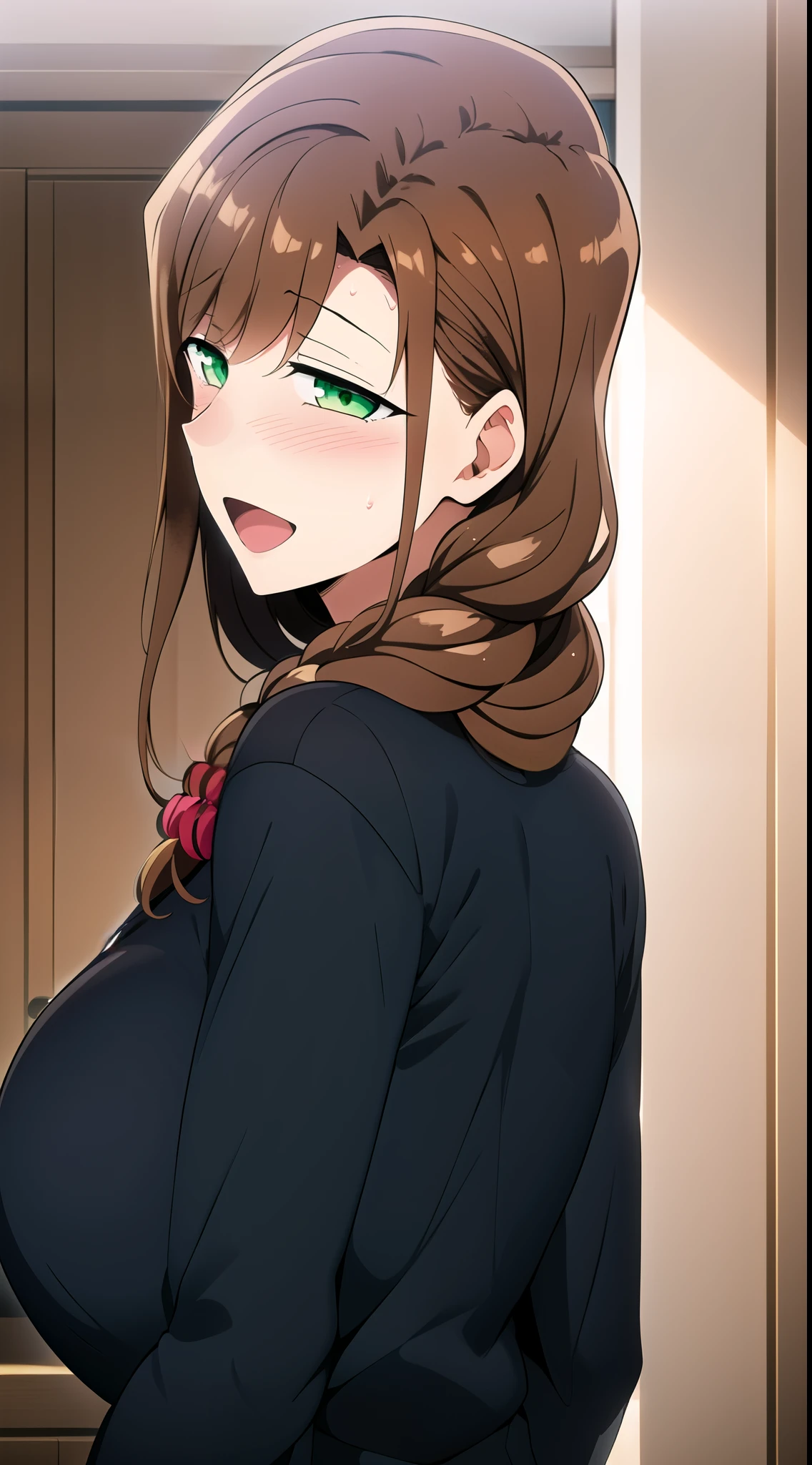 master piece, 1girl, solo, scrunchie, braid, back, looking at viewer, blush, open mouth, huge breasts, happy, brown hair, black shirt, long sleeves, green eyes, upper body, sweat, looking back, indoors,   from behind, black shirt, detailed eyes, braid over shoulder. (best quality), 
