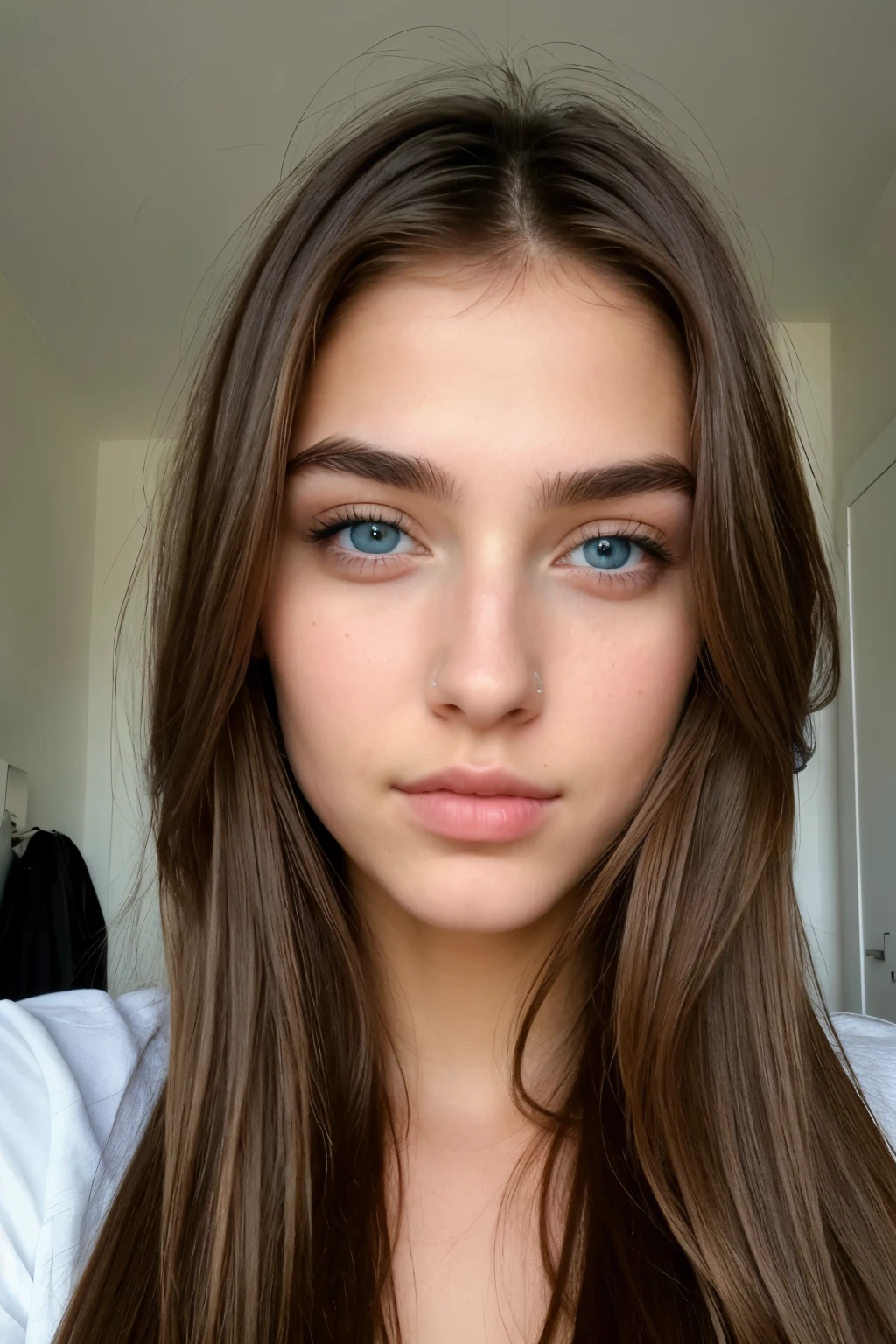 ((best quality)), ((masterpiece)), (detailed), perfect face, european girl, blue eyes, brown hair, long hair, normal eyebrows, tanned skin