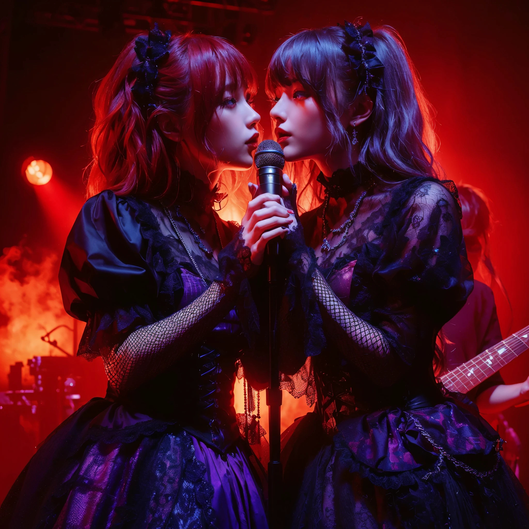 ((very sharp photo result & detailed face)) (((textile shading))) (((Best Quality))), (((masterpiece))) (((hyper realistic photo)) red-blue light mood, 2 japanese gothic style vocalist girl lip kissed, they have red wavy hairs, attractive on stage hold a microphone & guitar, wear purple gowns black lace, net stockings & boots, at dark stage with red smoke on a night concert, band member as background, dark dramatic spotlight lamp on her, taken with hasselblad camera. HDR10 8K