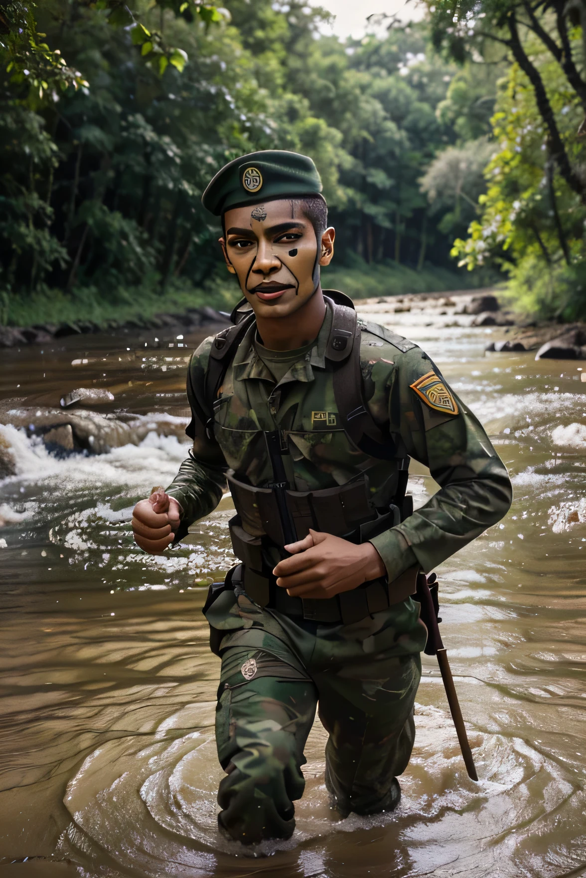 Realistic 8k image of a Brazilian army soldier, com um rosto pintado para a guerra, treinando na floresta, atravessando um rio.