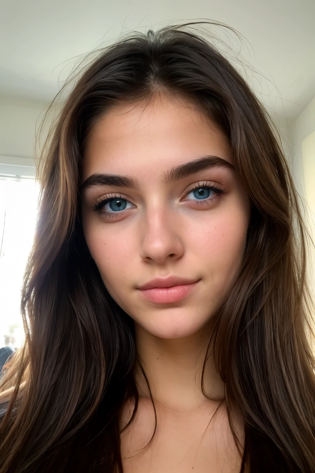 ((best quality)), ((masterpiece)), (detailed), perfect face, european girl, blue eyes, brown hair, long hair, nice perfect eyebrows, tanned skin