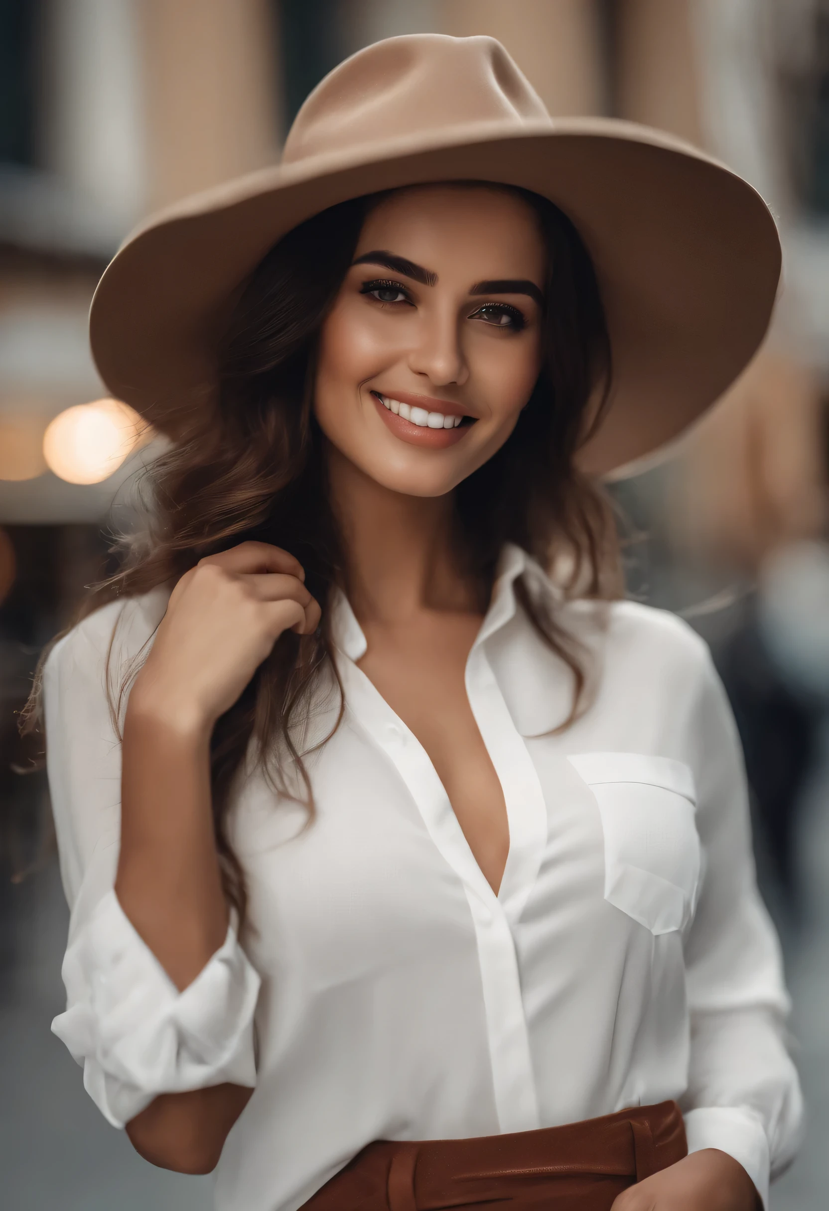 1 girl, Caucasian, 20 years old, long (auburn hair) and blue eyes; tanned skin and radiant smile, tanned and flawless skin, goddess of beauty. She's wearing a loose, low-cut white sheer dress, big breasts, casual sneakers; she walks along the Copacabana promenade; sunny day; your crossbody bag; the sea breeze blows through her hair, she walks confidently along the busy sidewalk. cinematic photo taken with a Canon EOS R5 camera, with a 50mm f/ 1.2 lens. Depth of field is shallow to blur the background and keep in focus. The lighting is natural, taking advantage of the strong light of the midday sun.