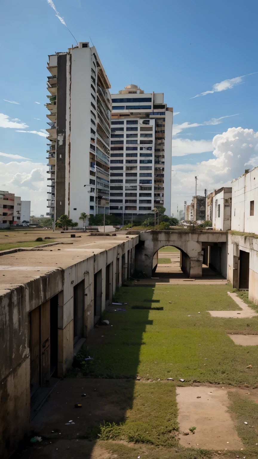 A dry, grassy vacant lot; abandonado en medio de grandes edificios en una ciudad futurista en la amazonia ecuatoriana