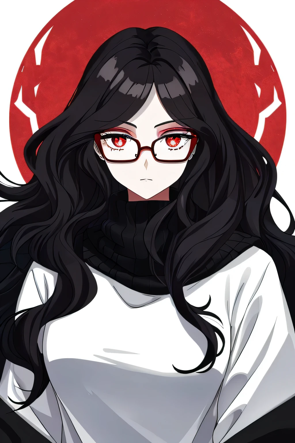 1girl, female , masterpiece, beautiful digital art, professional art, long black wavy hair, black glasses, red pupil, beautifully detailed eyes, white skin, loose white sweater, facing to the viewer, dynamic coloured pupil
WHITE LOOSE CASUAL SWEATER