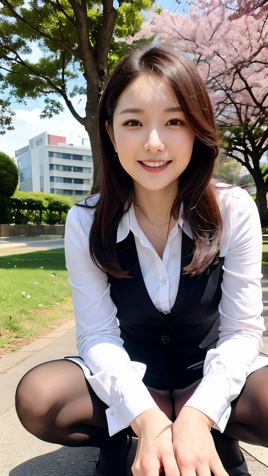 highest quality, masterpiece, ultra high resolution, (realistic: 1.5), RAW photo, professional photography, (1 female), beautiful, wonderful face and eyes, compensate, (非常に詳しいbeautiful顔), enchanting smile, beautiful white teeth, brown hair, (Japanese_girl:1.3), (suit, business shirt, mini skirt:1.2), (pantyhose,:1.3), (Fallen documents are scattered on the floor:1.2), (Pick up documents:1.3), (squat down:1.2), (spread your legs:0.8), (view from below:1.2), under the cherry tree, cherry blossom background, Natural light, sunshine,