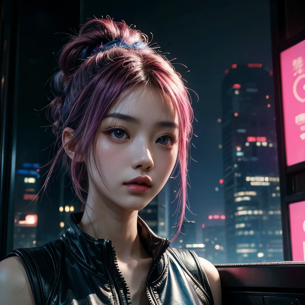 1 Asian girl with the most beautiful face, a masterpiece , Long blue and pink hair tied up In cyberpunk style, sit cool in the background of a future city. ,cyberpunk , focus on light and color, masterpiece