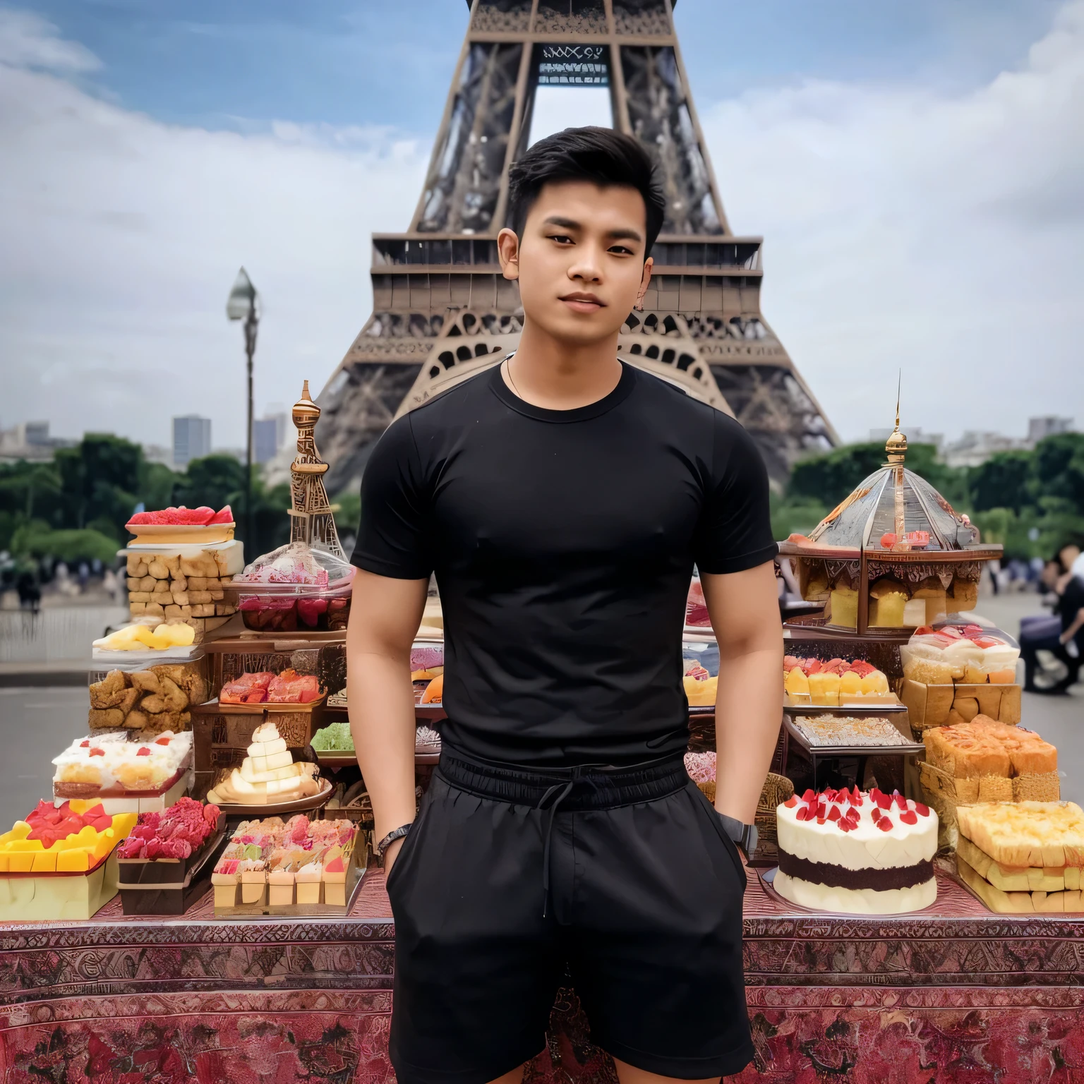 photo of a young Indonesian man aged 23 years standing in front of the Eiffel Tower. in front of him there was a table with several fruit ices and traditional Indonesian cakes, wearing black shorts, wearing a black t-shirt. realistic, detailed, uhr, looks like real