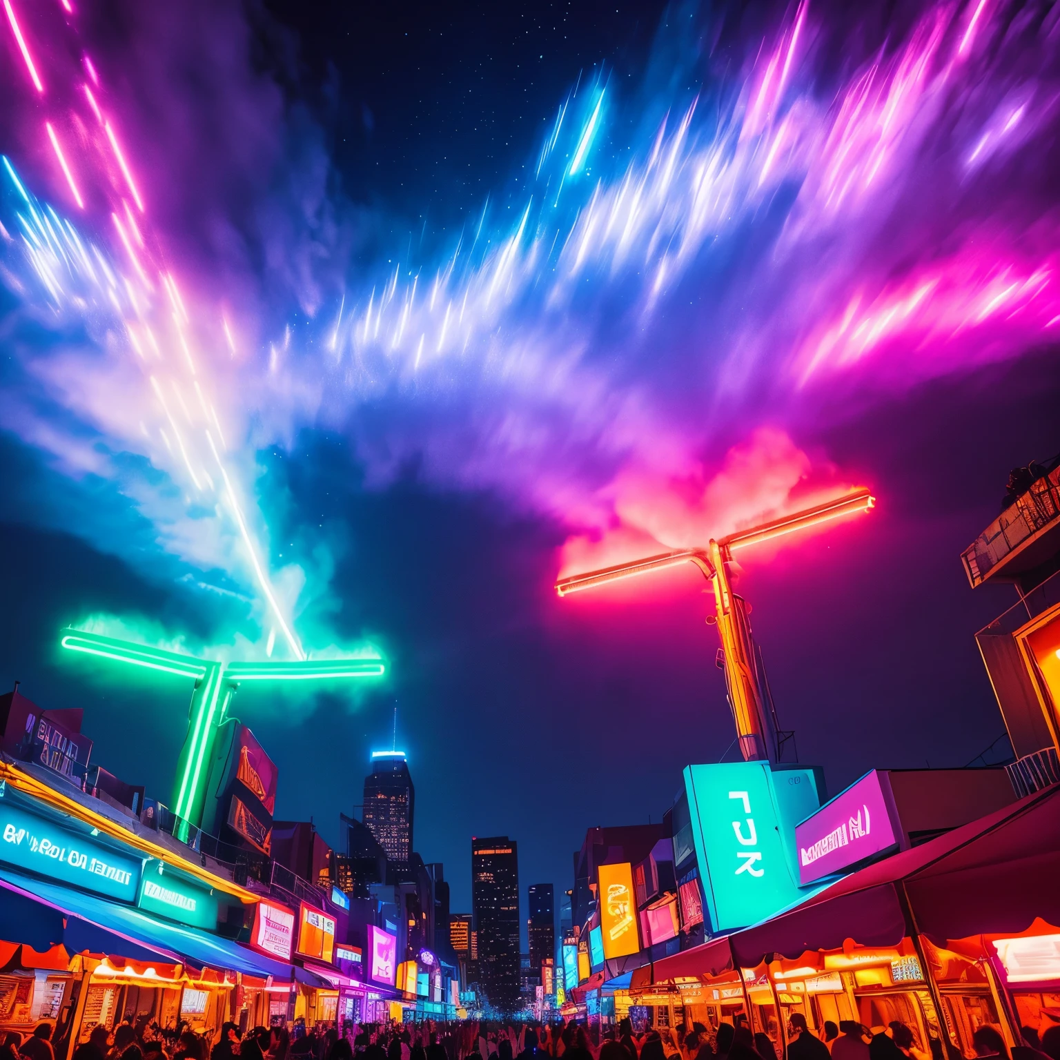 (Best quality:1.2), ultra-detailed, (realistic:1.37, photorealistic:1.37, photo-realistic:1.37), vibrant colors, shimmering lights. A breathtaking scene of a Night Fantastic party at the beach. Portraits of beautiful, ecstatic individuals captured in the moment. Horror elements subtly infused, adding an intriguing twist. Bokeh effect creating dreamlike, out-of-focus areas. Neon lights illuminating the scene, casting bold, dynamic contrasts. Glowing sky above, filled with mesmerizing hues. Exciting atmosphere pulsating with energy, surrounded