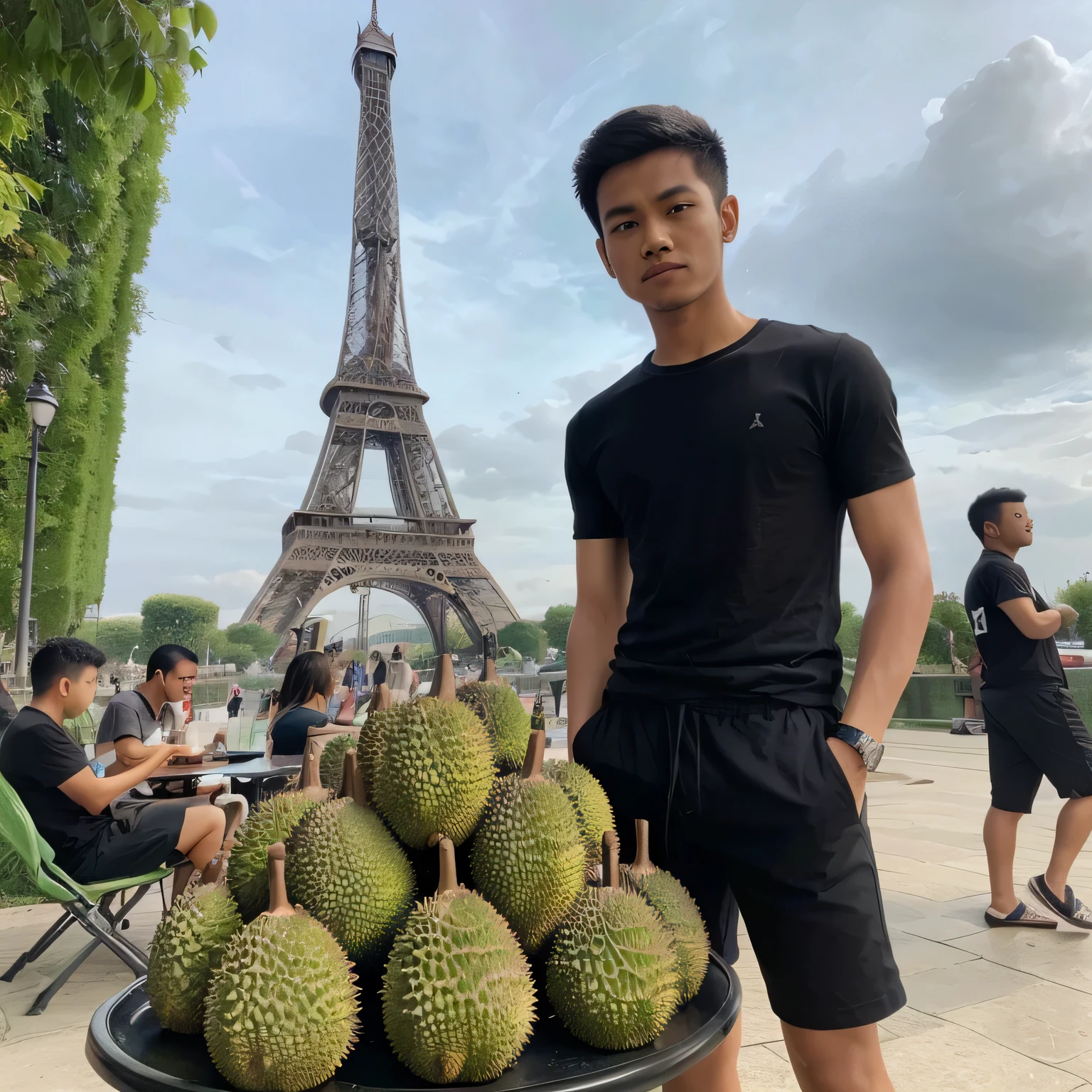 photo of a young Indonesian man aged 23 years standing in front of the Eiffel Tower. in front of him there was a table of several durians, wearing black shorts, wearing a black t-shirt, wearing green flip-flops. realistic, detailed, uhr, looks like real