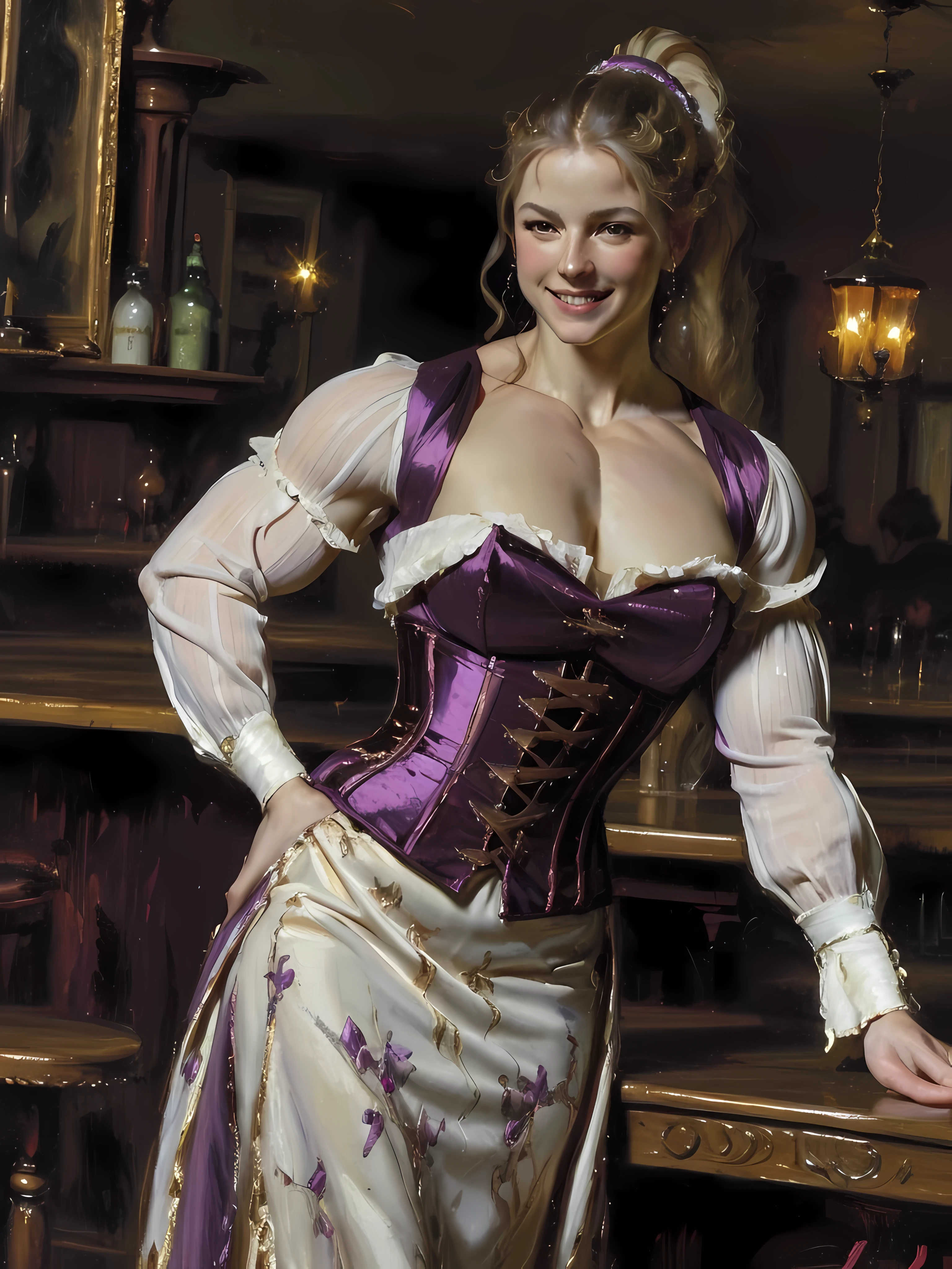 oil painting style, 18th century oil painting showing a (very muscular:1.5) young tall waitress in purple dress and white corset standing in a pub, (long sleeves:1.1), sweat drops, long blonde hair with ponytail, brown eyes, proudly smiling, (masterpiece), best quality, expressive eyes, perfect face, (solo:1.3)