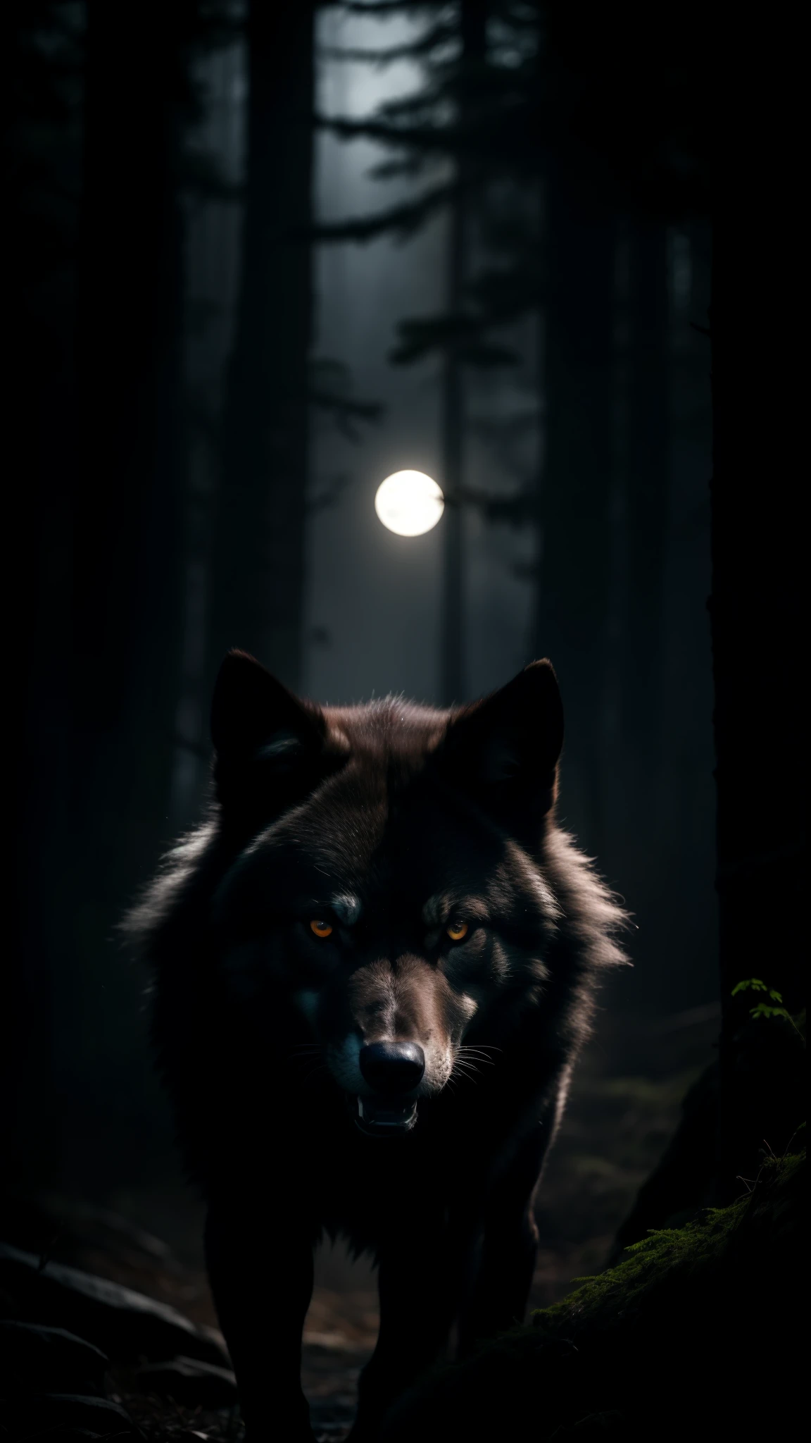 lobo preto, dark forest, glowing eyes, mysterious atmosphere, moonlight, black fur, fierce expression, intimidating presence, night hunting, stealthy movements, haunting howl, wild and untamed, powerful physique, midnight silhouette, ominous shadows, primal instinct, ancient legend, alpha predator, mesmerizing beauty, wolf pack dynamics, majestic wilderness