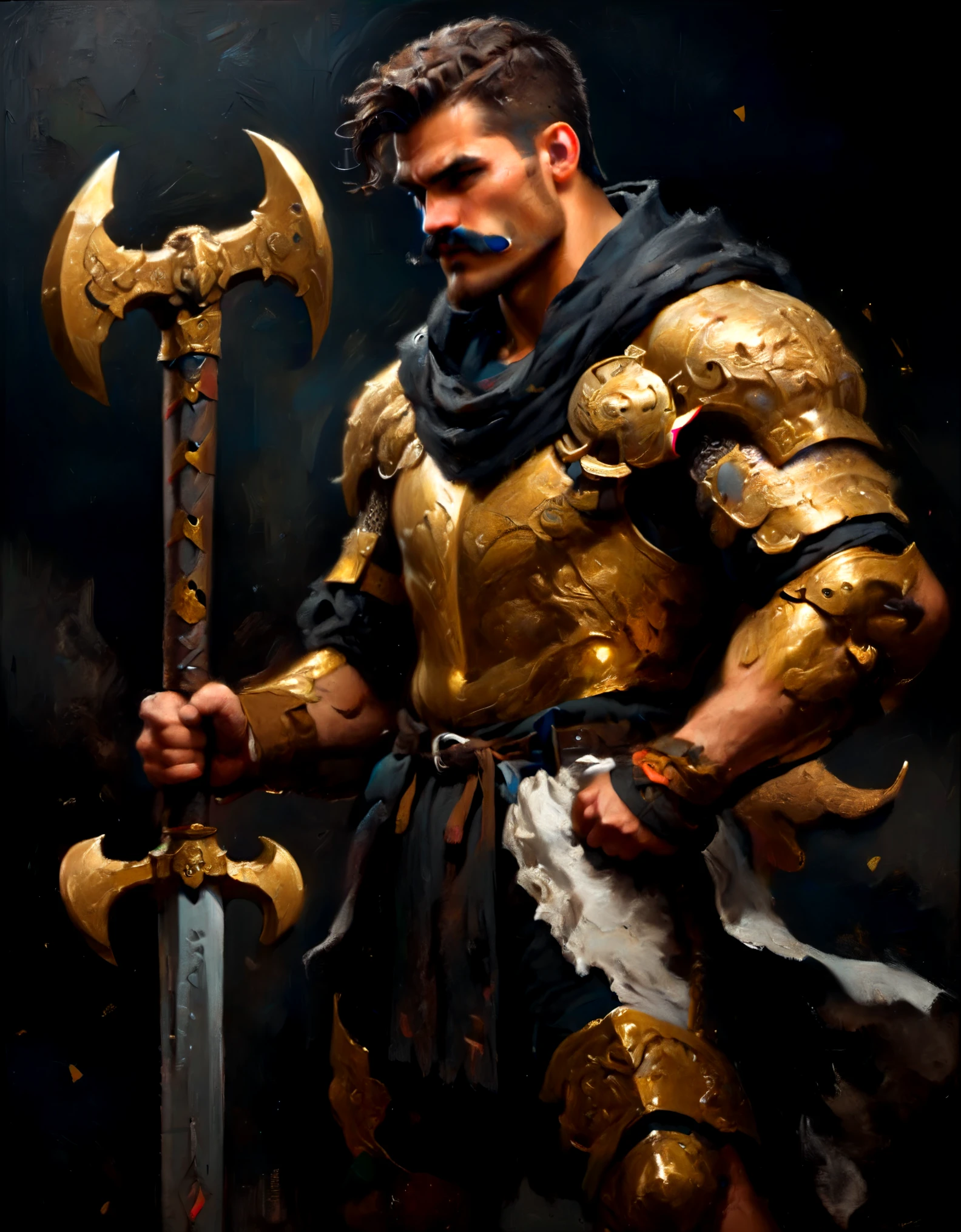 BEAUTIFUL MAN, BIG STRONG SHORT HAIR AND MUSTACHE, GOLDEN ARMOR, GOLDEN AX IN HIS HAND,