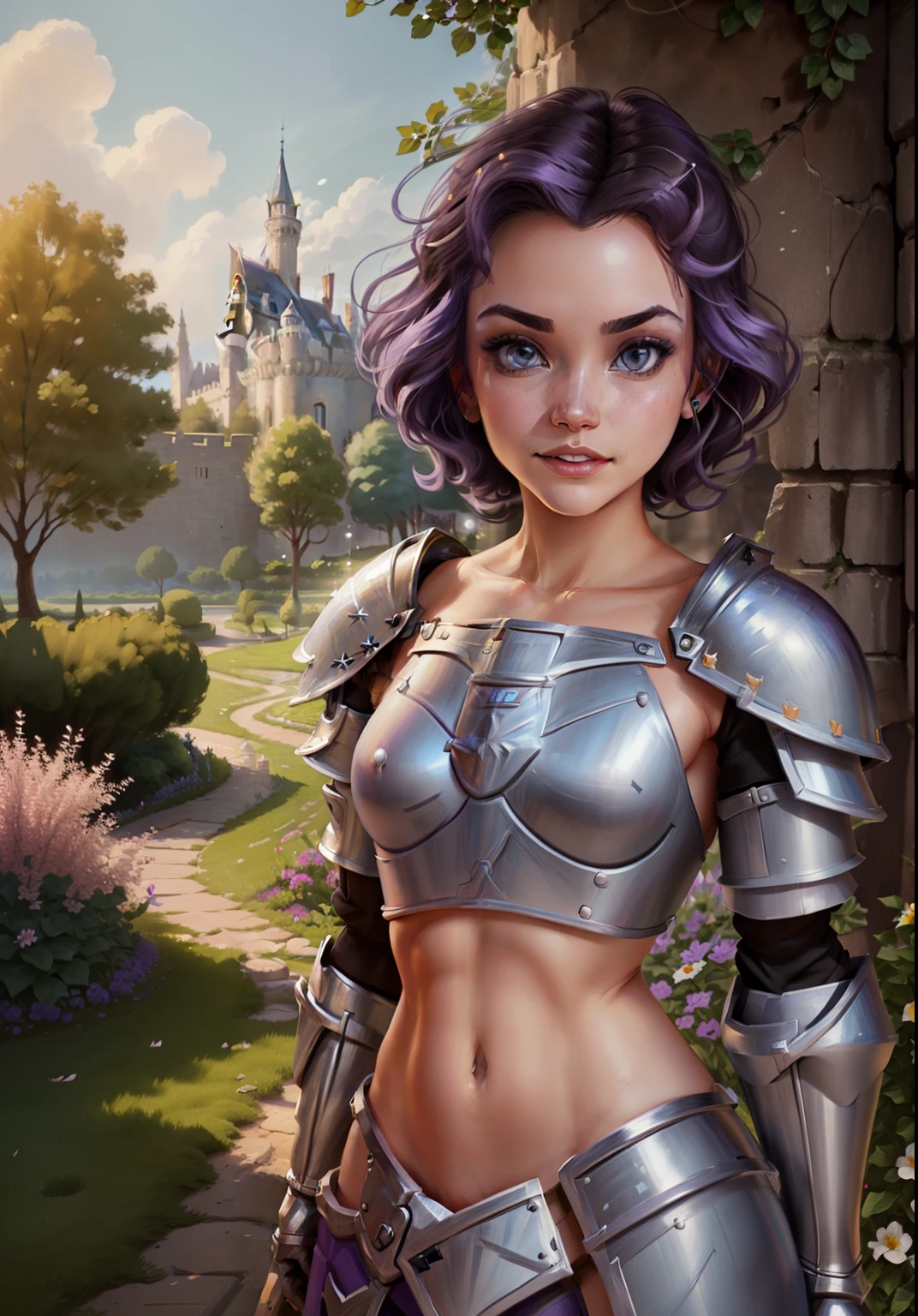 (BelleWaifu:1), (knight's armor:0.3), the garden in the background, surprised, cute, cute pose, (flirting), looking at the viewer, (square hairstyle), (purple hair), (metal knight crop top on naked body:1.6), :D, (realistic: 1), (cartoon), (masterpiece: 1.2), (best quality), (over-detailed), (8k, 4k, intricate), (full-length shot: 1), (cowboy shot: 1.2), (85mm), light particles, lighting, (very detailed: 1.2), (detailed face: 1), (gradients), sfw, colorful, (detailed eyes: 1.2), (detailed landscape, trees, garden, castle:1.2),(detailed background), detailed landscape, (dynamic angle:1.2), (dynamic pose:1.2), (rule third_composition:1.3), (line of action:1.2), wide view, daylight, solo
