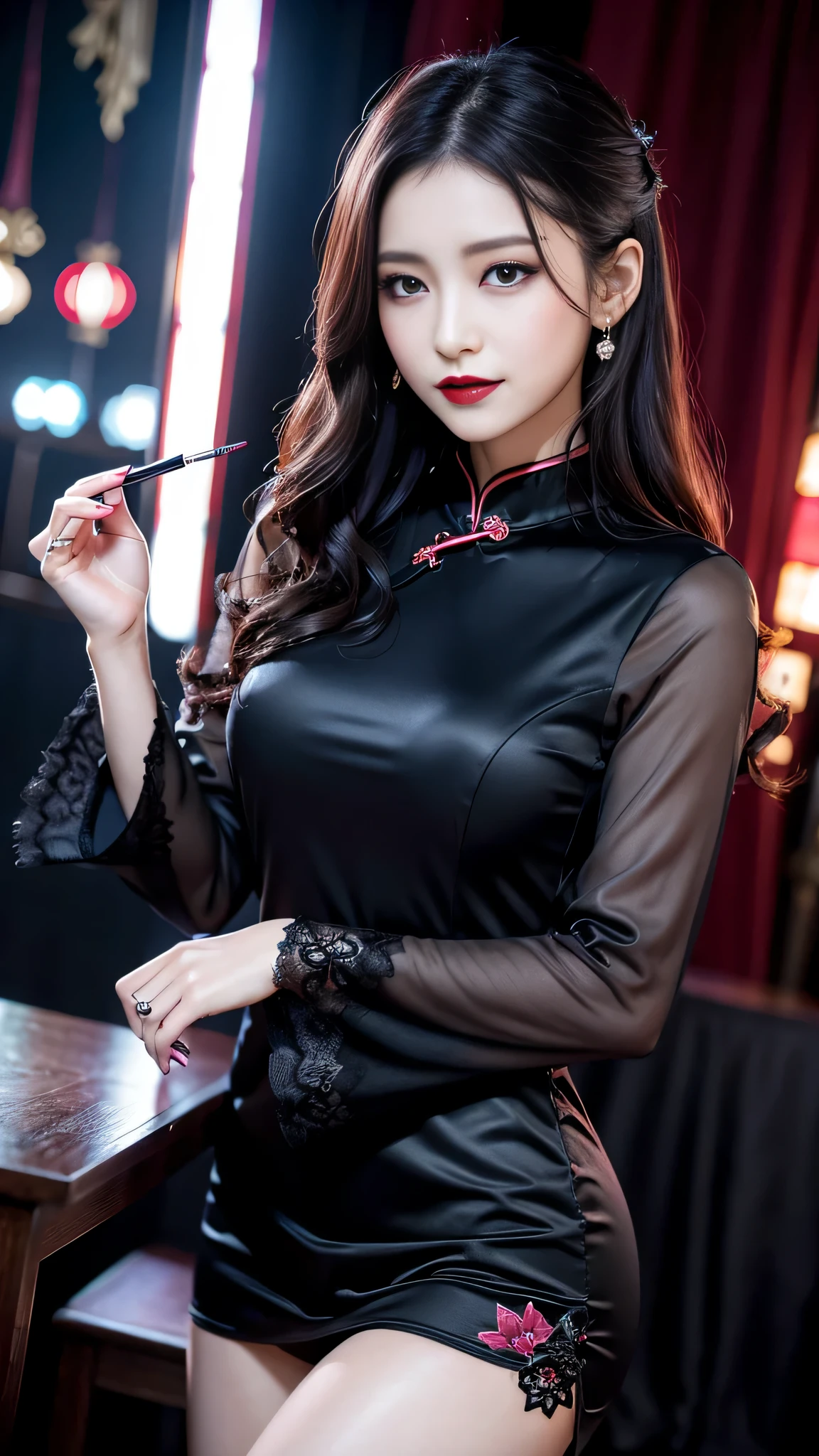 Super detailed、Japanese、charming beauty、seductive adult woman、Beautiful woman、sharp eyes、cool girl、wavy hair、long black cheongsam、wide sleeve、evilの幹部、evil depravity、brainwashing、Mind control、apply lipstick、grin、evilな表情、evil、empty eyes、evil、church at night、vampire、vampire、Hypnosia makeup brush