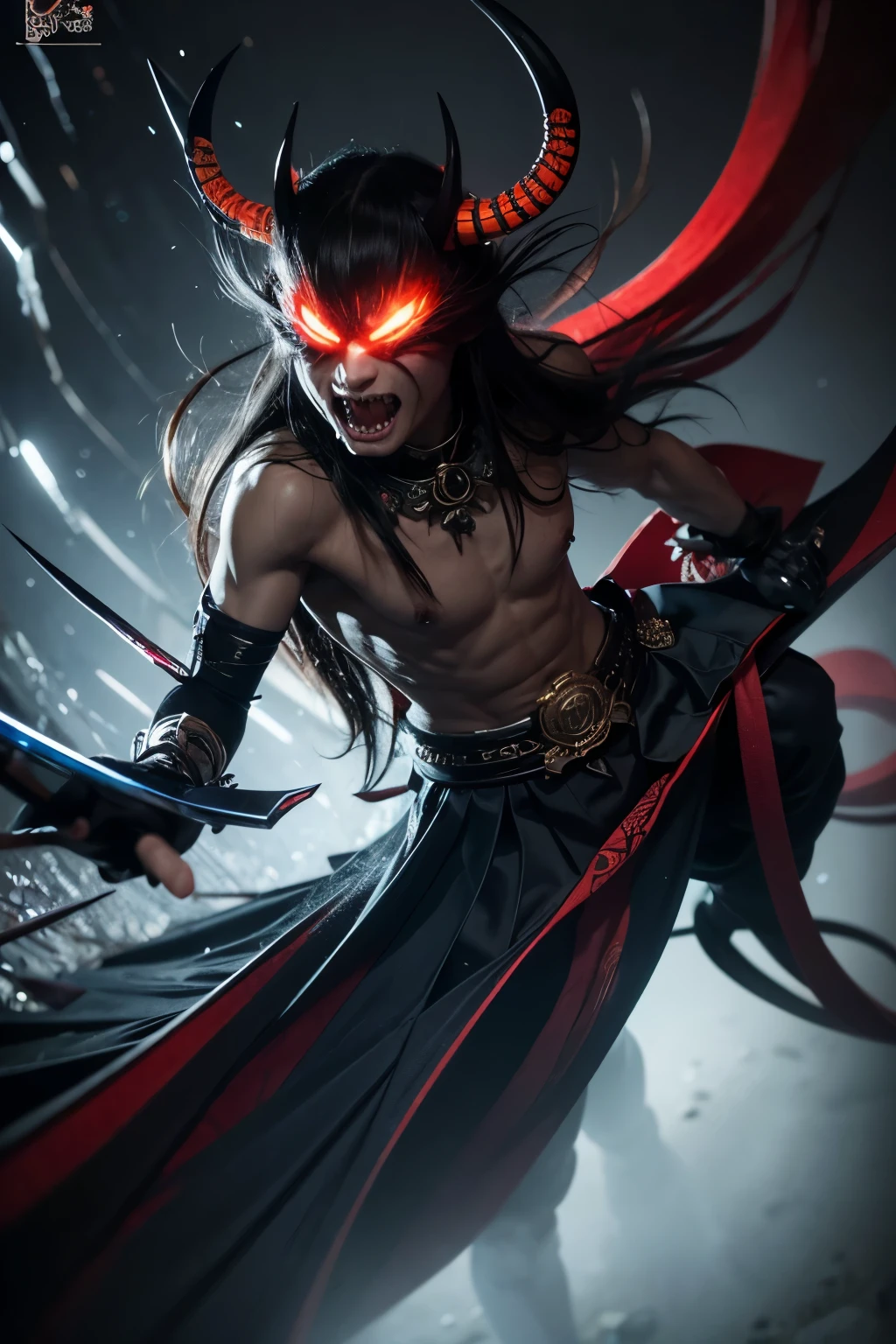 my first topic is "demons of japan"no see. This should include detailed depictions of traditional Japanese demons and monsters.. These demons have unique appearances and movements., It must be expressed with beautiful graphics and contrast effects.. Yellow eyes of various sizes and shapes, Sharp teeth and crushing nails, And the attire made of colorful fabrics should look visually impressive.. Detailed gaze, lips, and evil rays should be emphasized., It must also show the demons' chaotic and fearful atmosphere.. also, We also need to add some reasonable lighting and shadow effects on a dark, surreal background.. These demons need to be made in high definition, It must be presented in an art style that combines the characteristics of traditional Japanese drawings and game graphics.. This work is based on photo realism., It must have vivid and realistic colors and contrast.. additionally, Attention to detail in drawings, high resolution, Tags such as professional rendering techniques should also be included. 섬세한 그림체와 적절한 컬러 팔레트를 사용하여 demons of japan을 표현하는 미술작품을 생성해 주세요.