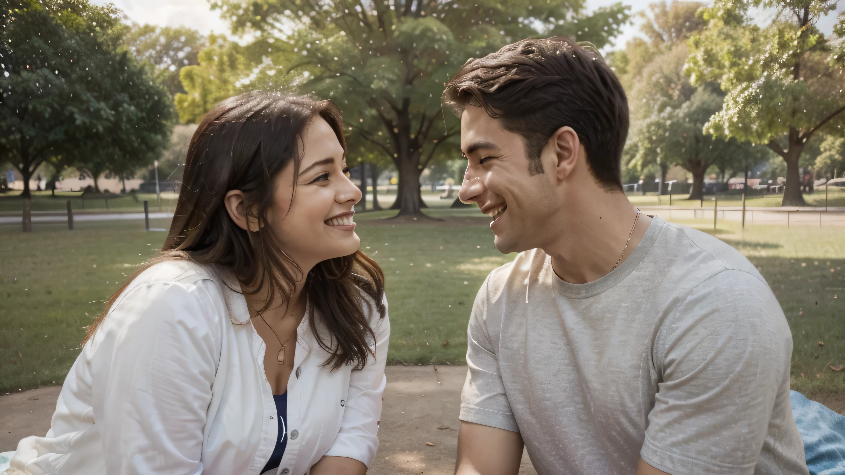 a guy and a lady having a conversation in a park, smiling to each other, day time scene in the city, open park, families, couples and dog owners having fun, community park, cinematic lighting, closeup shots, day time vibe, vibrant colors, colorful