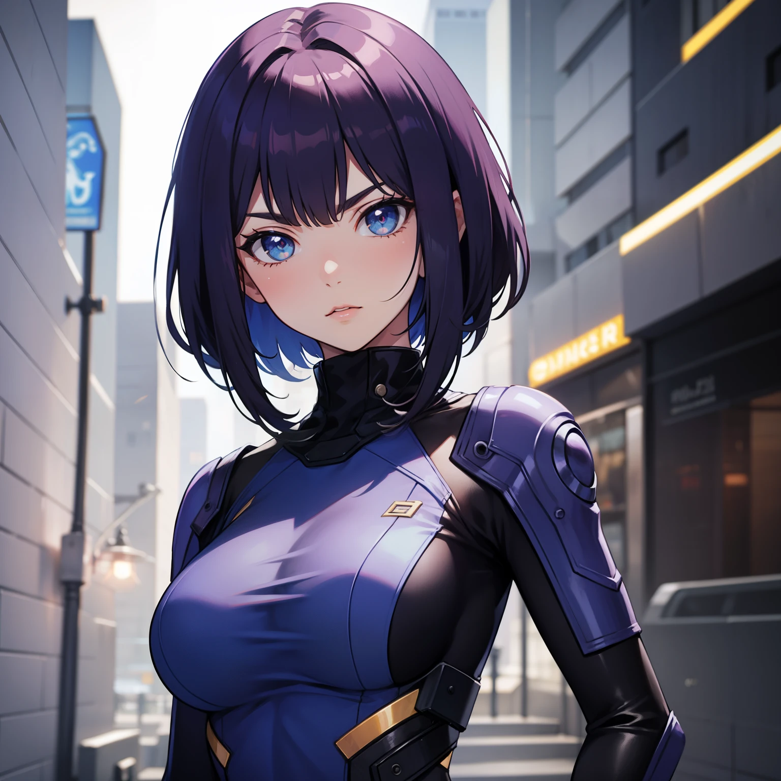 alta qualidade, premiado, high resolution, 8K solomastery, solo, 1woman, from the front, , milf, purple cut hair, blue eyes, serious eyes, smoke, cyberpunk suit , mulher alta, 29 anos, milf, serious look, cabelos roxos, cut purple hair, cacelos roxos, medium tits, medium breasts.