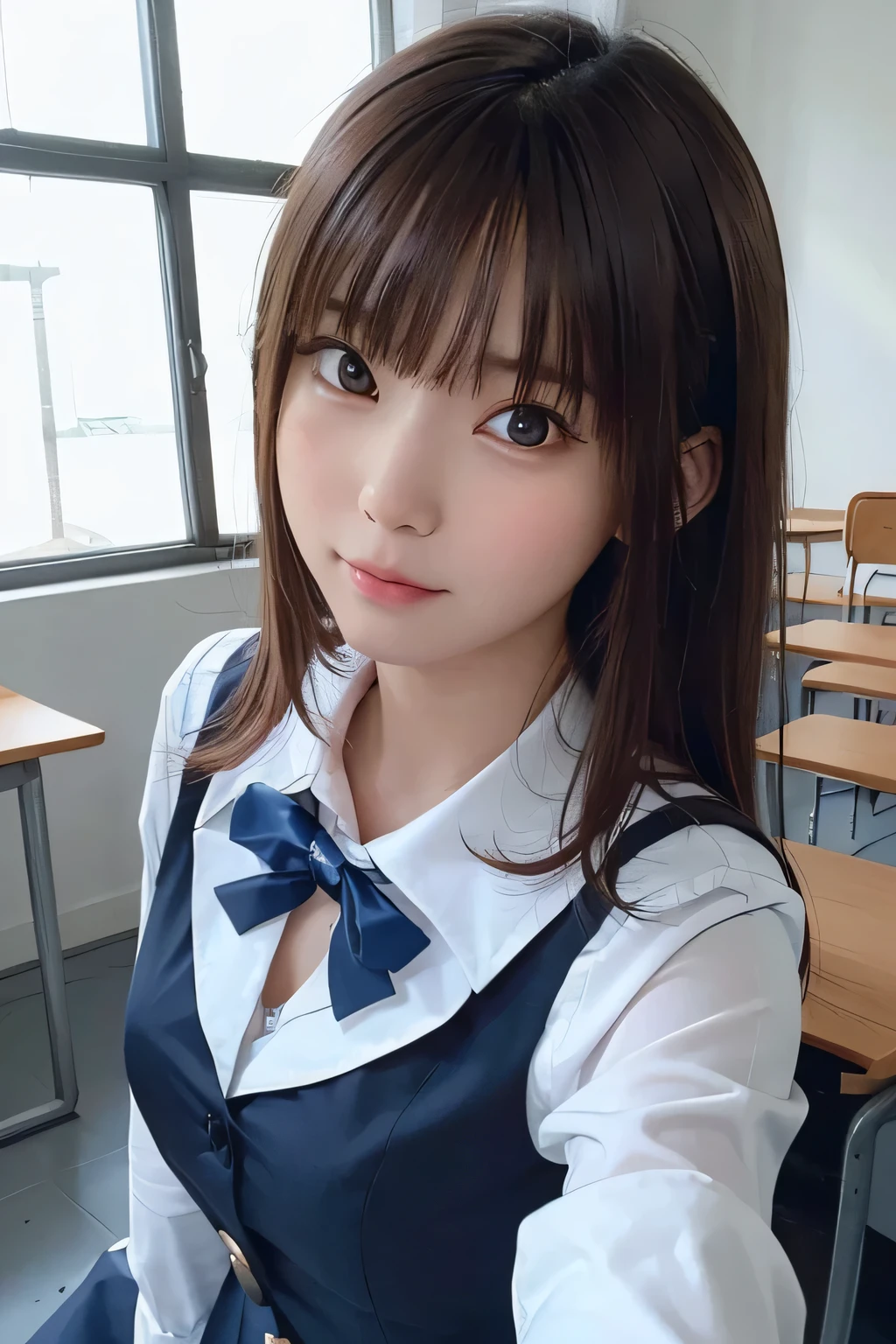 (masterpiece, highest quality, Super detailed, detailed face, 8k)、slim、flat body、cute、round face、one girl、, light blue long hair, dark blue, sit in class, black school modern uniform, anime,(selfie:1.5)