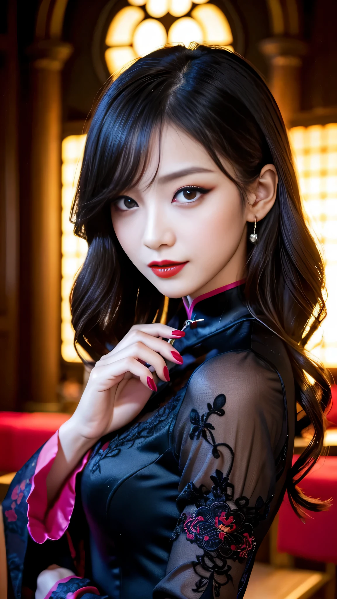 Super detailed、Japanese、charming beauty、seductive adult woman、Beautiful woman、sharp eyes、cool girl、wavy hair、long black cheongsam、wide sleeve、evilの幹部、evil depravity、brainwashing、Mind control、apply lipstick、grin、evilな表情、evil、empty eyes、evil、church at night、vampire、vampire、Hypnosia makeup brush