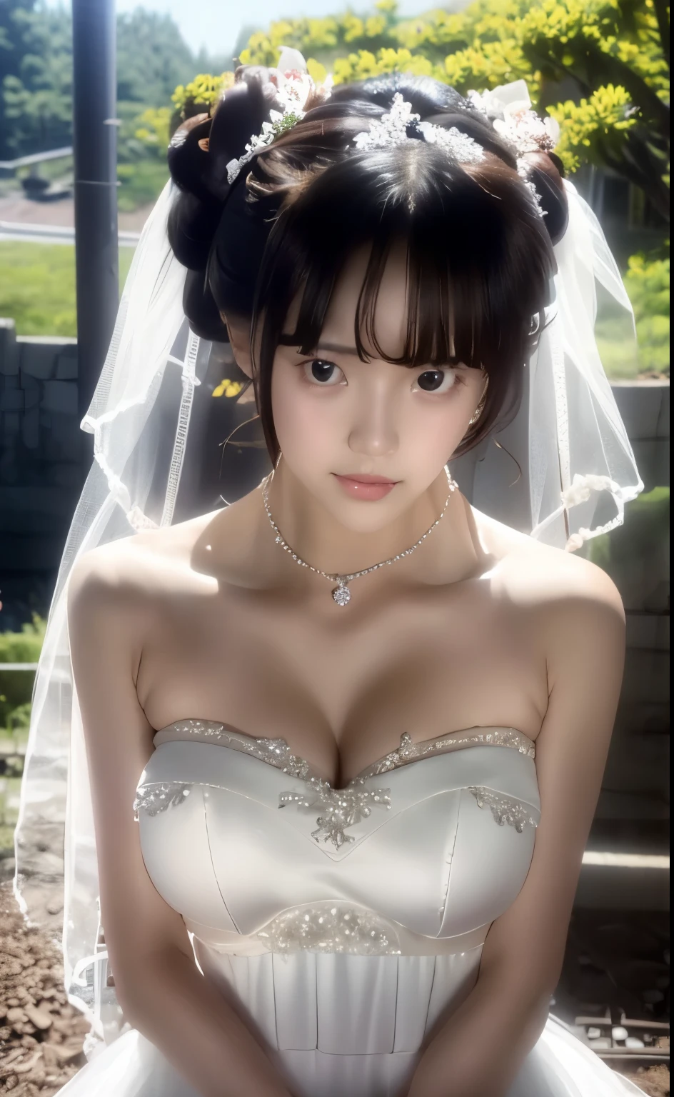 (((Pixel perfect, Perfect details))), alone, 1 girl，bride, yuigahama yui， Shut up， 美丽bride穿美麗婚紗的特写,Gurwitz, (((bride頭紗)))，（transparent short veil），blush，eye shadow，Blushing face，Head flower，headgear，((bouquet))，((((tube top wedding dress))))，(((strapless wedding dress))),(bare shoulders)，pure white dress，(necklace)，((earrings))，(large breasts:1.3)，Bangs，lipstick，((White long elbow gloves)),Half-length photo,High-detail RAW color art,White long skirt,There is a railway track next to it，(standing on the railroad tracks:1.3),18 years old, （long twintails：1.5）,(double bun:1.5), black hair,