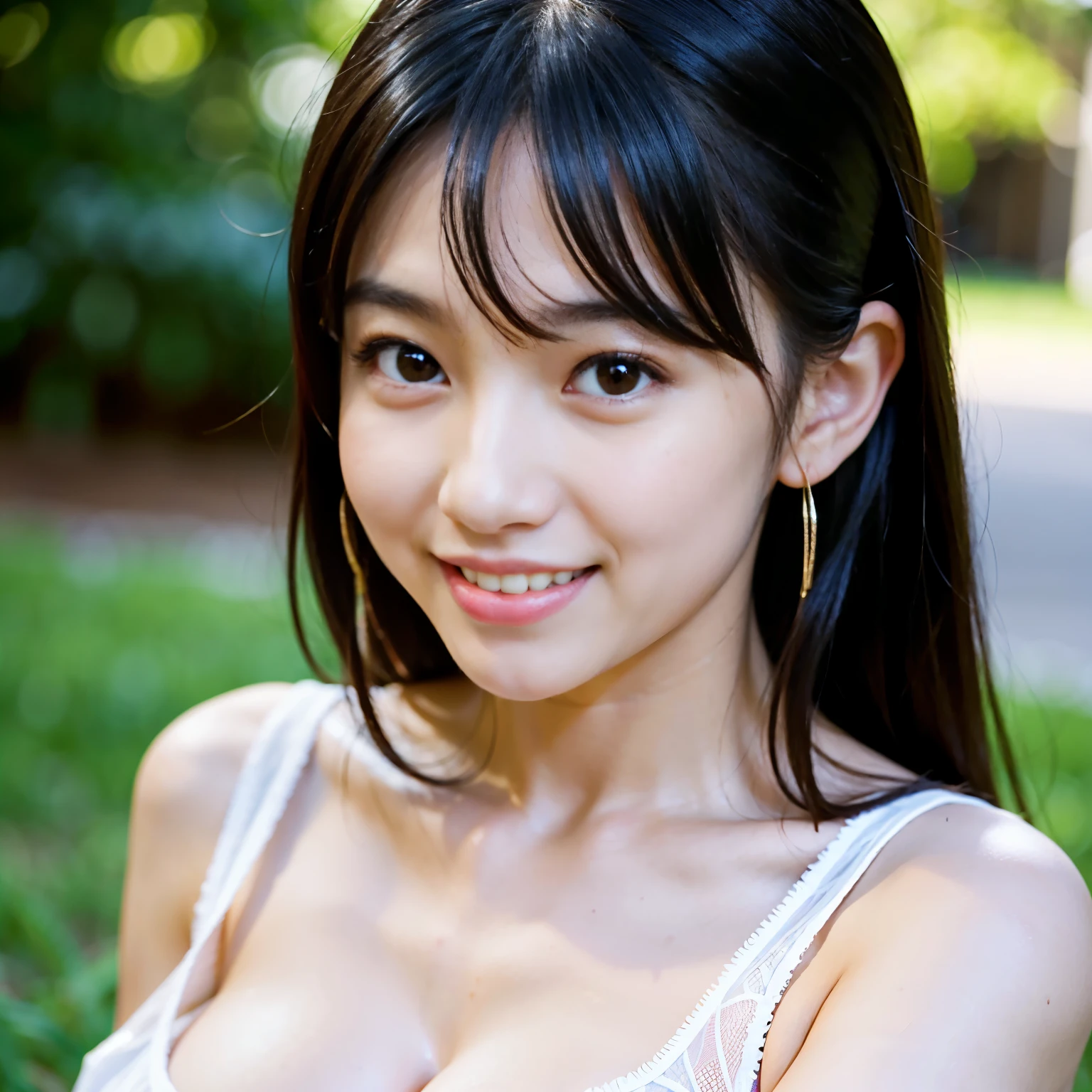 Best-quality, Masterpiece, Ultra-High-Resolution, (Photorealistic:1.4), Raw-Photo, 1girl, the most famous Japanese idol, dynamic-pose, innocent-smile, extremely cute face, extremely beautiful big-black-eyes, extremely beautiful hair, extremely beautiful skins, extremely beautiful shoulders, extremely beautiful cleavage, extremely beautiful long-eyelashes, extremely beautiful lips