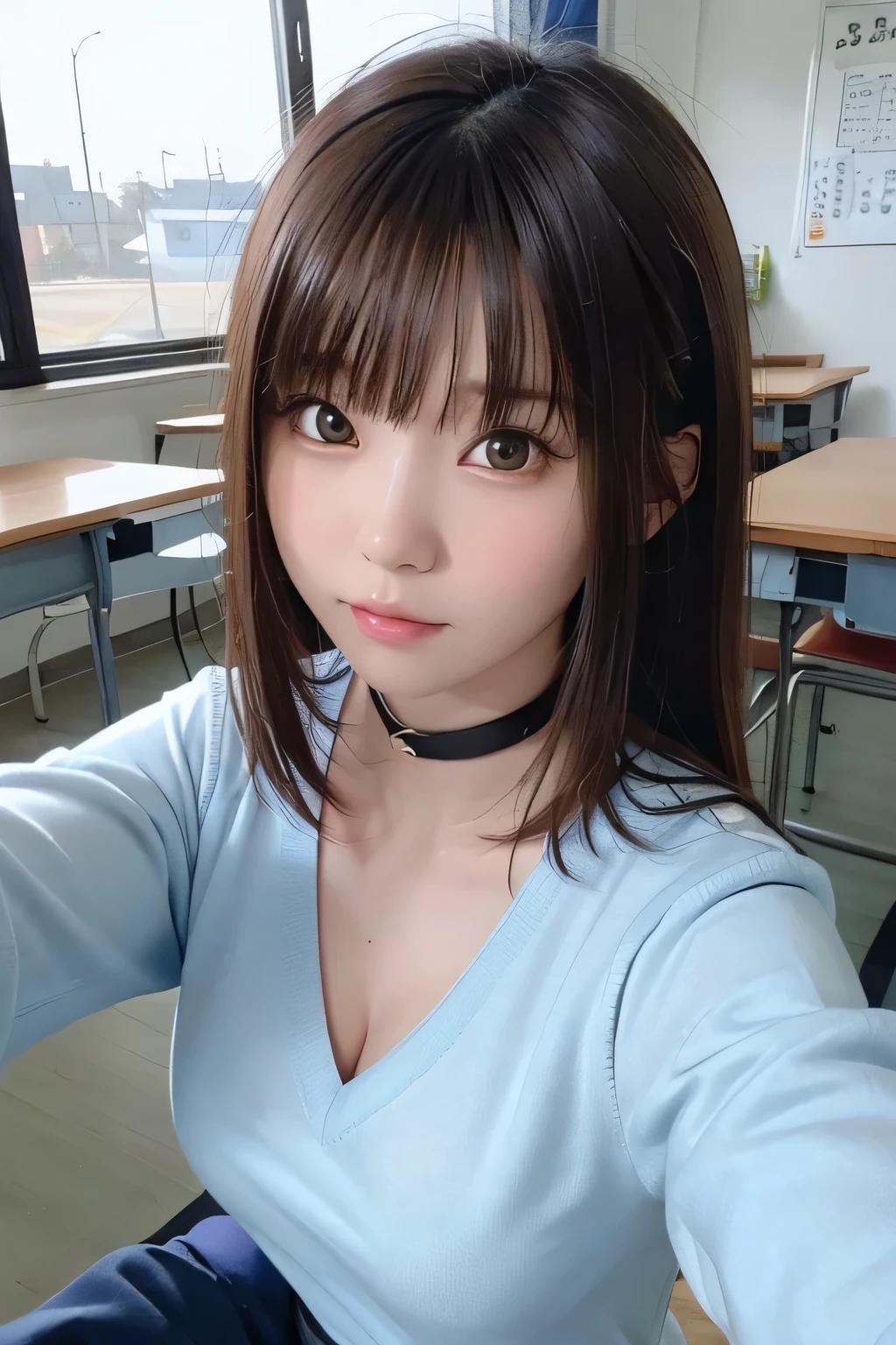 (masterpiece, highest quality, Super detailed, detailed face, 8k)、slim、flat body、cute、round face、one girl、, light blue long hair, dark blue, sit in class, black school modern uniform, anime,(selfie:1.5),V-neck sweater