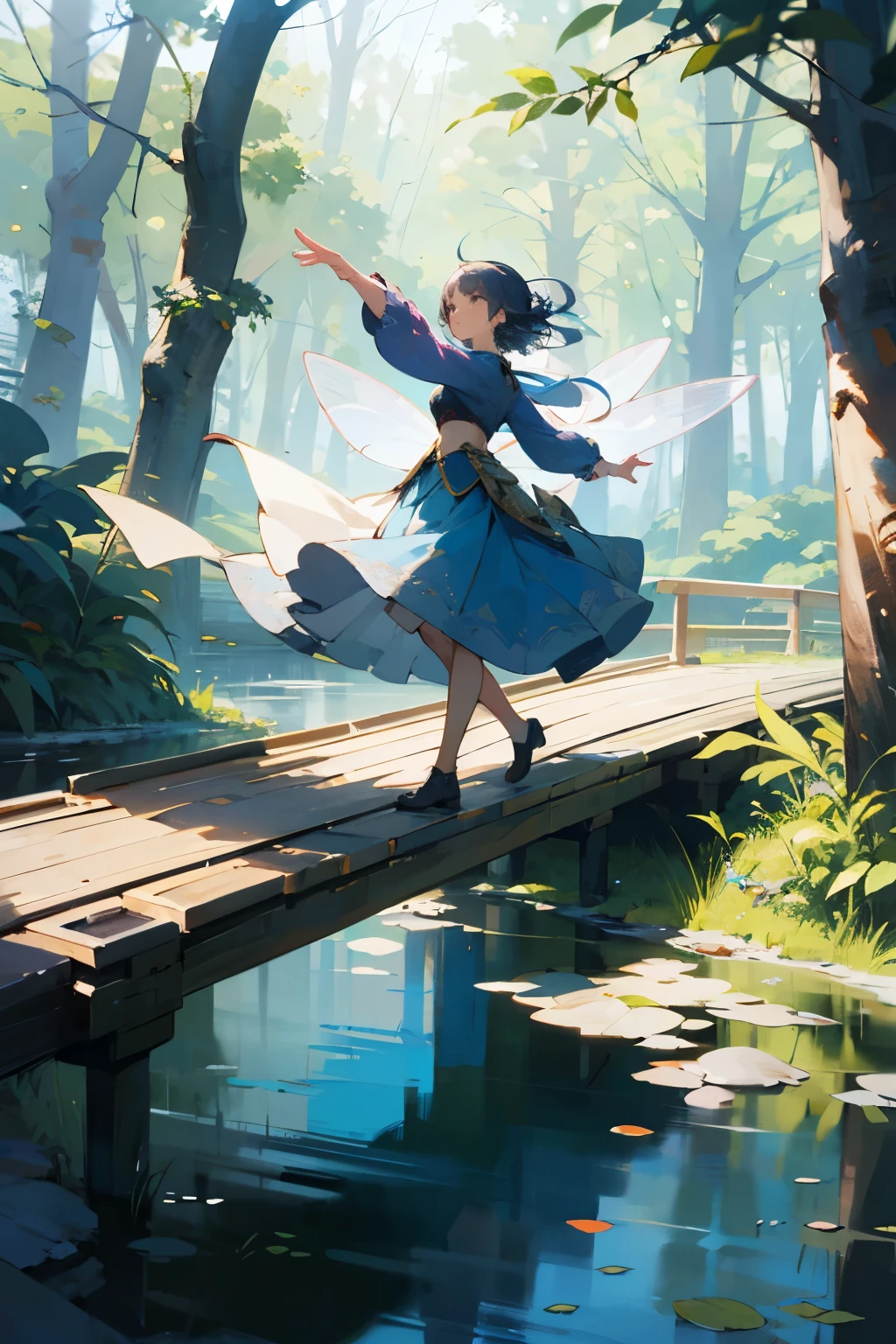 "Illustration for a fairy tale, girl dancing on a bridge walking across a river, forest around"
