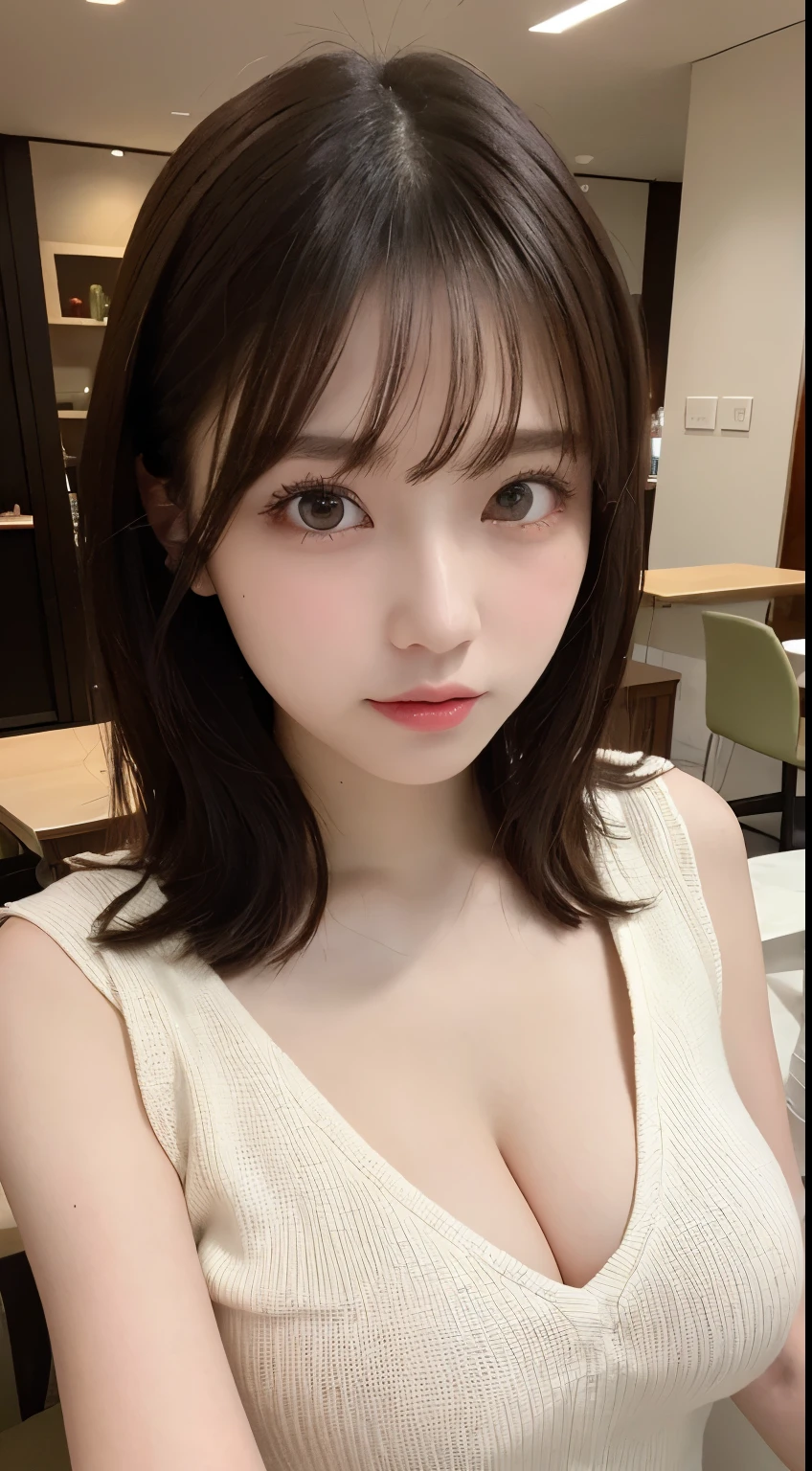 table top, highest quality, figure, super detailed, finely, High resolution, 8k wallpaper, 完璧なダイナミックな構figure, detailed and beautiful eyes, natural lip, sexy knit dress , big breasts, cleavage, random sexy pose, whole body