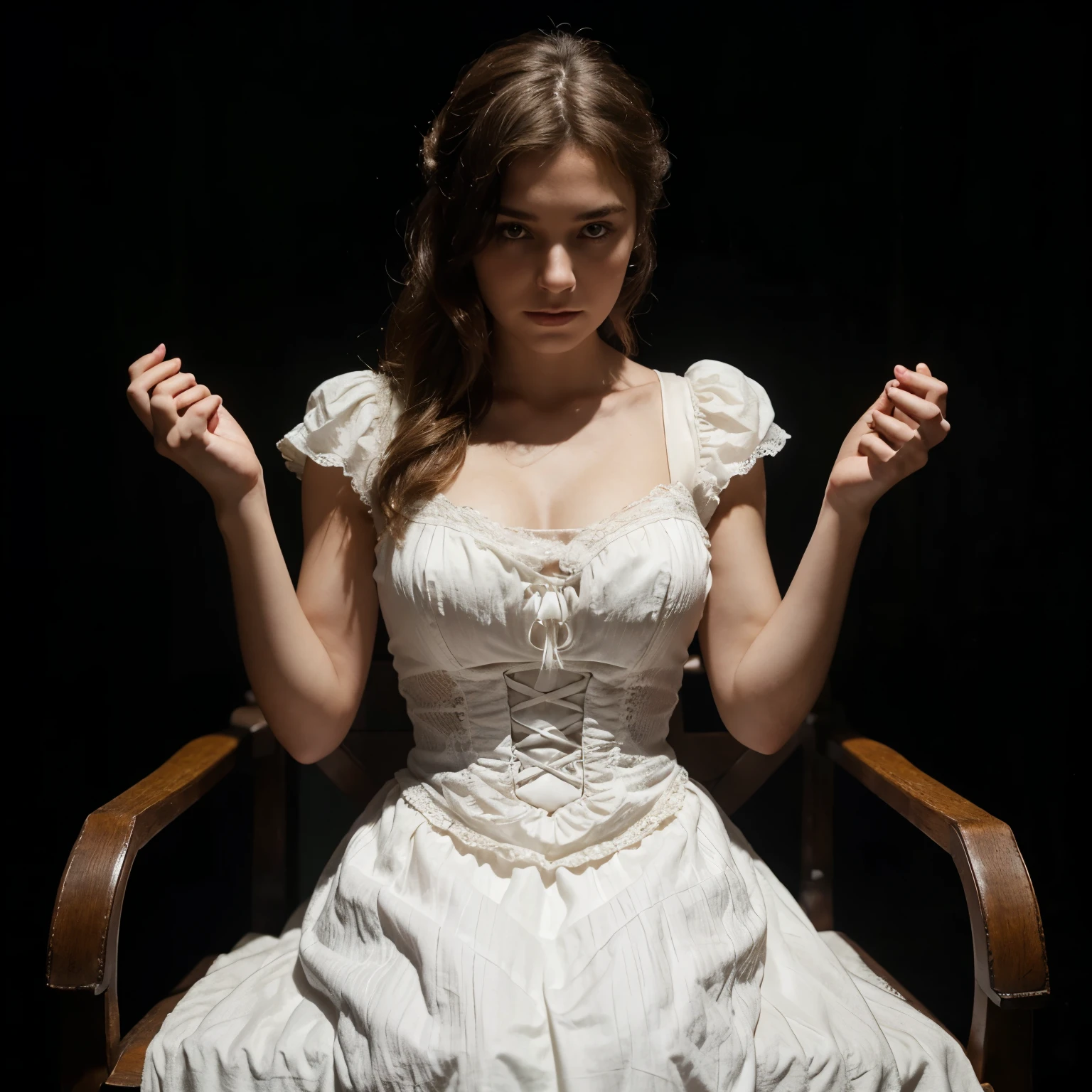 Intense girl, sit on an old chair, dark background, 1500 victorian white dress, diffussed light, hd, 4k, extended hand, lifted hand, diagonal view, 3/4 view.