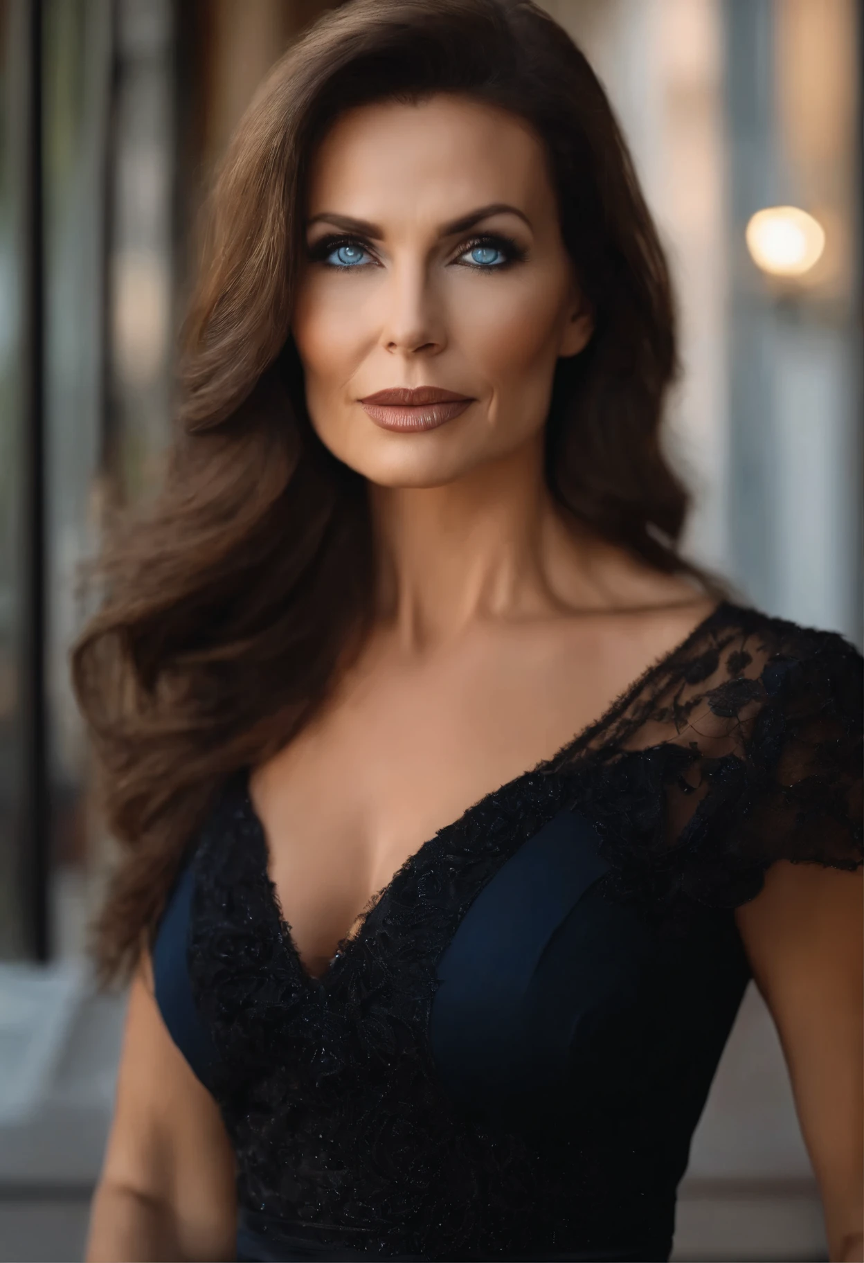 mature woman 46 YEARS OLD big cat eyes tall, medium length brown hair blue eyes square kiss pretty, wearing black party clothes
