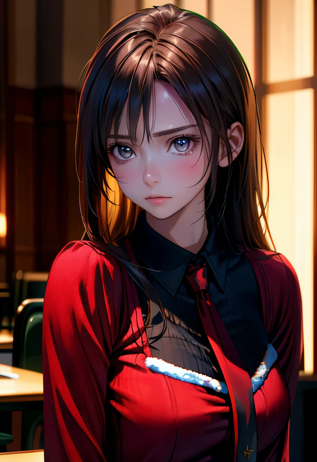 8k, top quality, table top:1.2), (realistic, Photoreal:1.37), top quality, table top, beautiful young woman, pensive expression,、attractive、and an inviting look, cute santa clothes, tie hair back, cinematic background, bright skin tone
