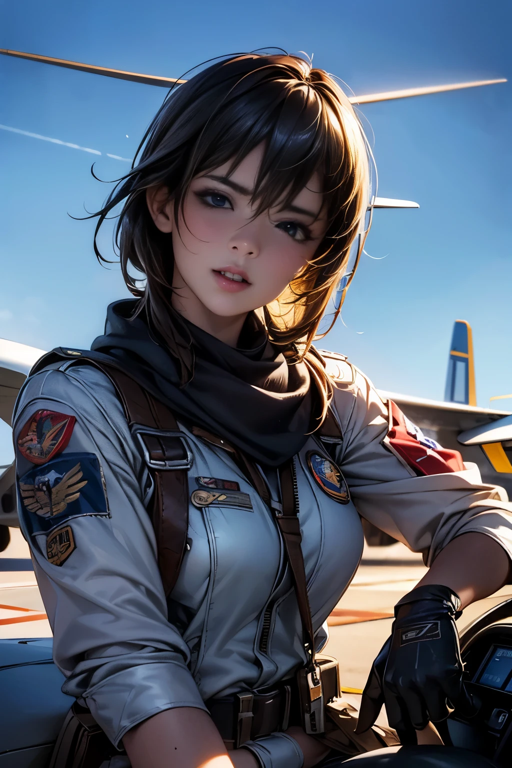 (RAW photo, highest quality), (realistic, photo-realistic:1.5), highest quality, very detailed, masterpiece, super detailed, figure, 1 person, Upper body, dynamic angle, Aviation museum exhibits, fighter jet cockpit, detailed facial features, serious expression, sunglasses, Helmet, scarf, flight suit, Belts and buckles, strap, aircraft harness, gloves, boots, mission patch, winged insignia, realistic textures, engine sound, wings ready, the sun shining from an airplane, asphalt runway, concrete barrier, Waiting for scramble command, intense concentration, put your hand on the throttle