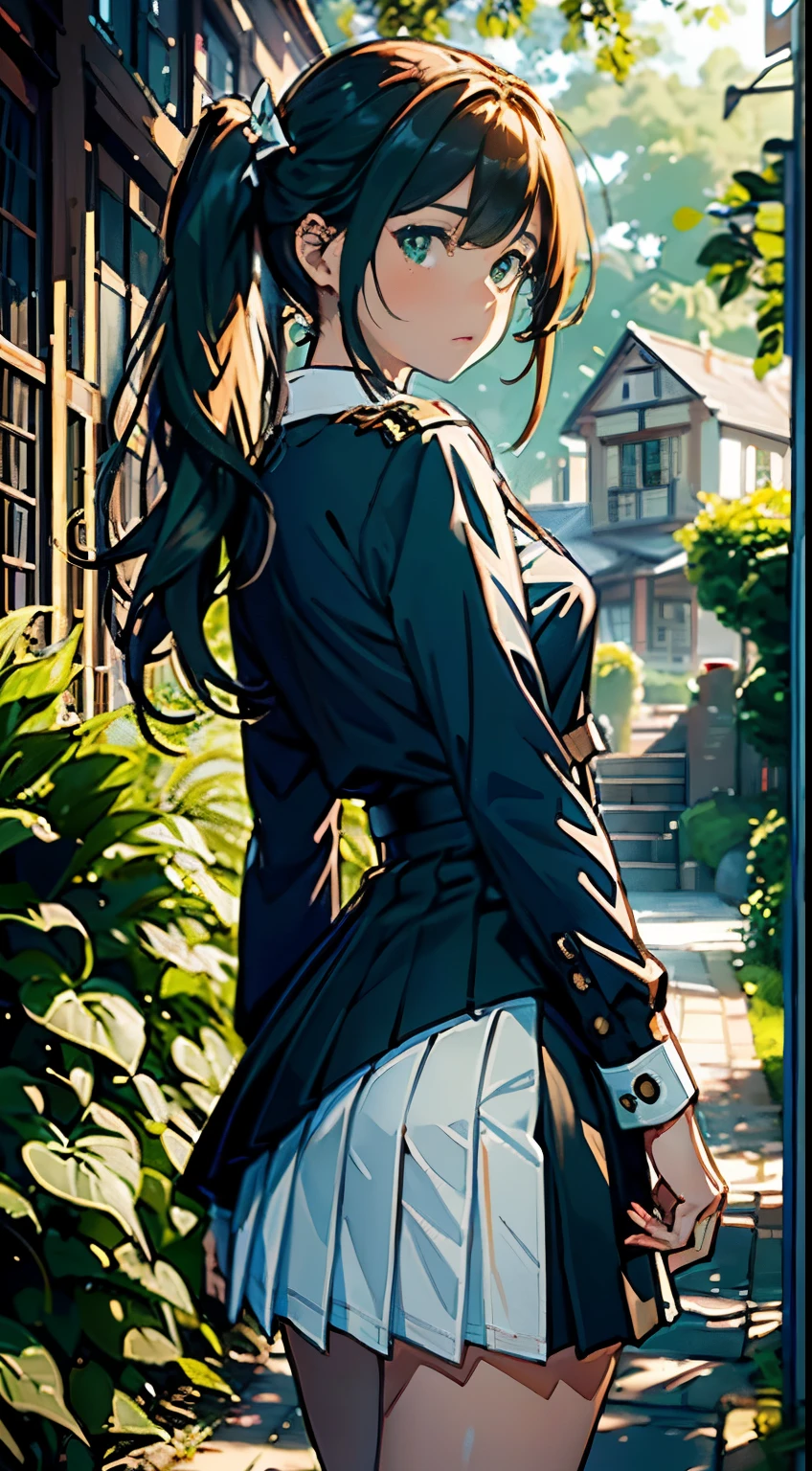 (Masterpiece), (Best quality, ultra-high definition), (One girl, solo), (Nagara from Azur Lane), (Outdoors), (Gazing directly at the viewer),
(School uniform: navy blue jumper with white collar and cuffs), (Detailed textures: blouse with buttoned placket, pleated knee-length skirt, necktie), (Origami motif accentuating the uniform),
(Wavy chestnut hair cascading down her back), (Expressive green eyes, slightly widened in wonder), (Expressive curves accentuated by the outfit),
(Dynamic lighting, casting dappled shadows on the leaf-stre
