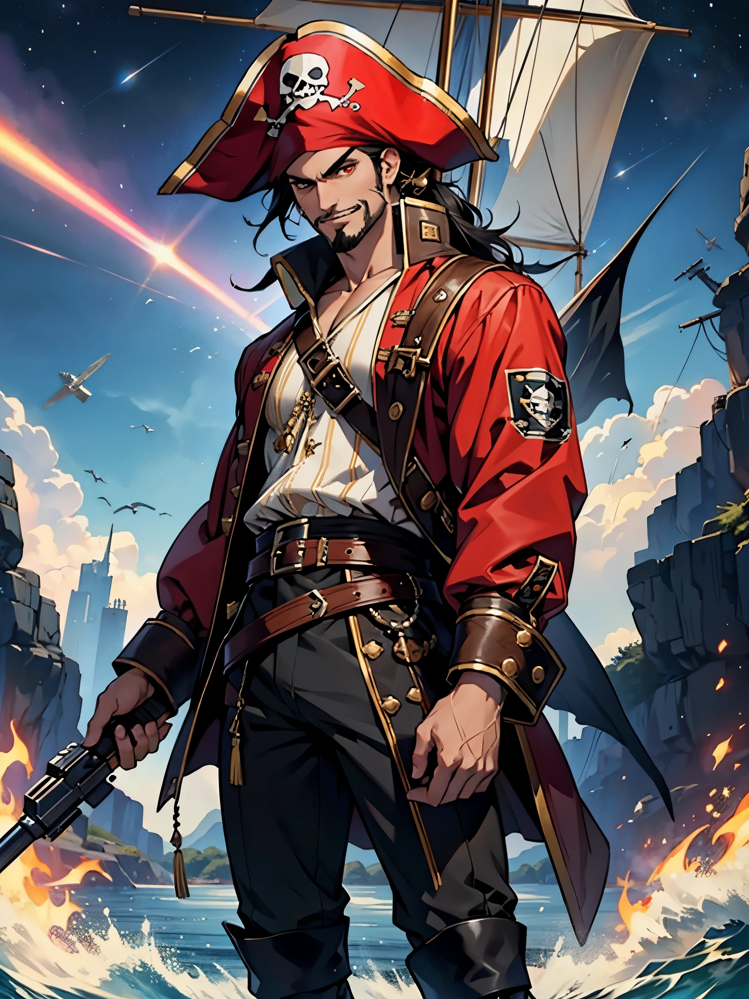 best quality, masterpiece, highres, solo, solo focus, 1boy, mature man, black hair, red eyes, facial hair, (long sleeves, pirate costume, pirate hat, pirate boots), space backdrop, standing on pirate ship cabin, v-shaped eyebrows, evil grin, holding a flintlock pistol, holding a laser pistol, holding a gun with right hand, menacing, robot parrot