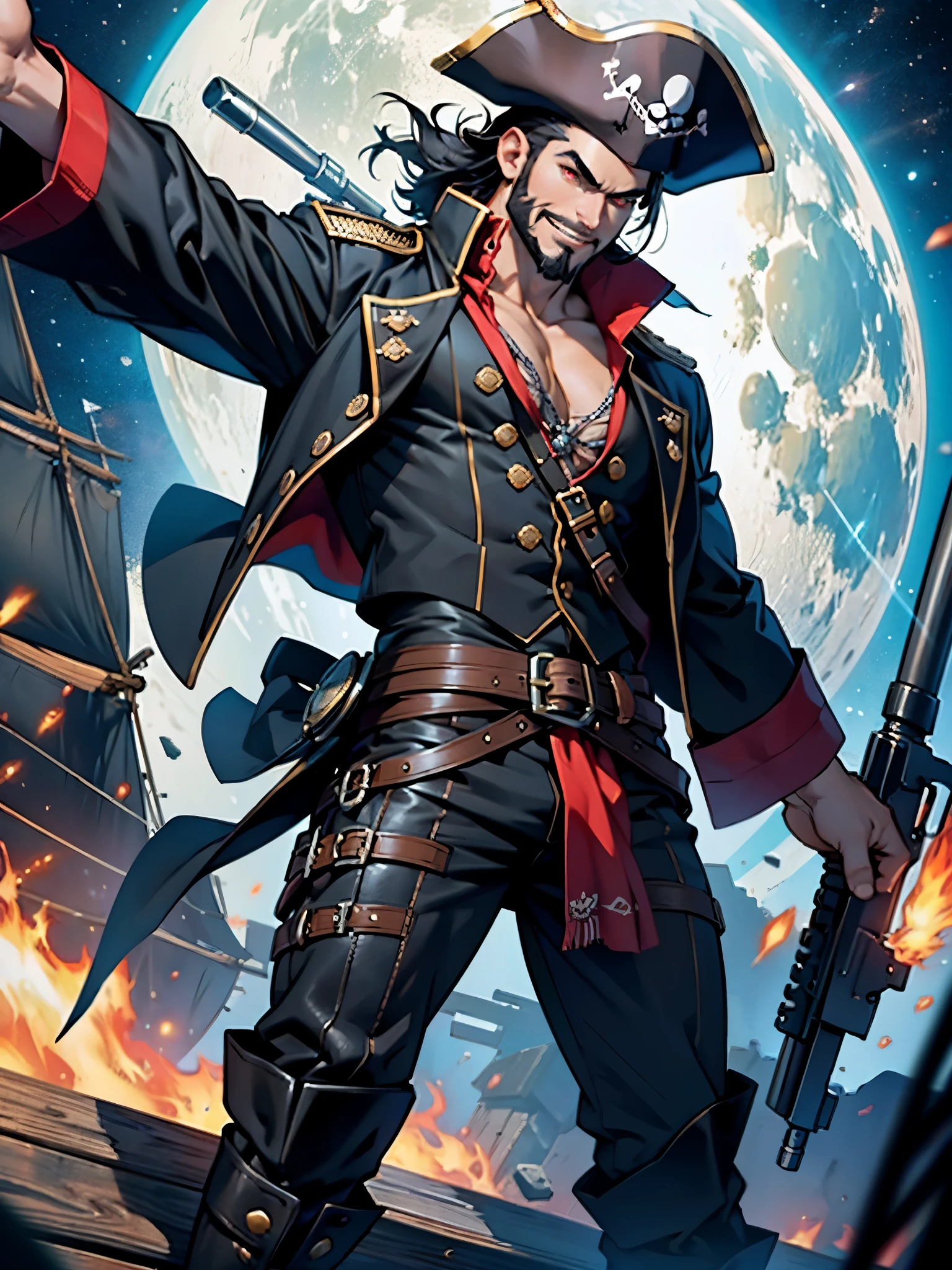 best quality, masterpiece, highres, solo, solo focus, 1boy, mature man, black hair, red eyes, facial hair, (long sleeves, pirate costume, pirate hat, pirate boots), space backdrop, standing on pirate ship cabin, v-shaped eyebrows, evil grin, holding a flintlock pistol, holding a laser pistol, holding a gun with right hand, menacing, robot parrot