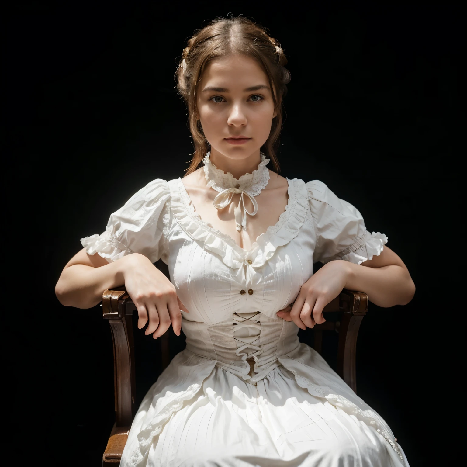 Intense girl, sit on an old chair, black background, 1500 victorian white dress, diffussed light, hd, 4k, extended hand, diagonal view.