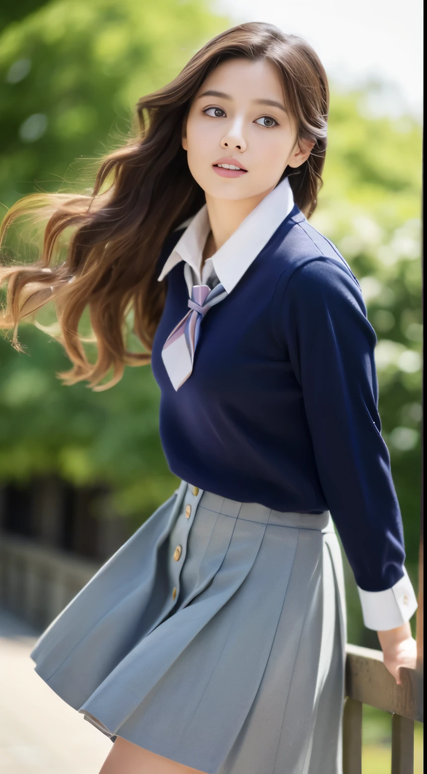 a closeup, masterpiece, top-quality, FULL ANATOMY、Raw foto, Photorealsitic、(Cute little face:1.8)、(Very cute smile:1.7)、(with round face:1.9)、(She looks like an idol and is cute:1.7), (A dark-haired)、(cute school uniform:1.7), depth of fields, hight resolution, ultra-detailliert, finely detail, ighly detailed, extremely detailed eye and face, Realistic pupils, foco nítido, Cinematic lighting、18-year-old woman、(One lady、独奏:1.8)、 (poneyTail、curlyhair)、Very detailed 8k wallpaper、Show me your whole body、Looking at the camera、(Too short plaid pleated skirt、I can see my panties、Plump panties、Lift the hem of the skirt with both hands、Showing her panties to the camera:1.7)、(Pink Fishnet Stockings)、(Brown long boots:1.4)、(is standing、Angle from below、(Thigh close-up:1.6)、(Nice figure、big breasts thin waist)、(Clothes with emphasized chest bulge、Colossal tits:1.5)、depth of fields、Bokeh in the background