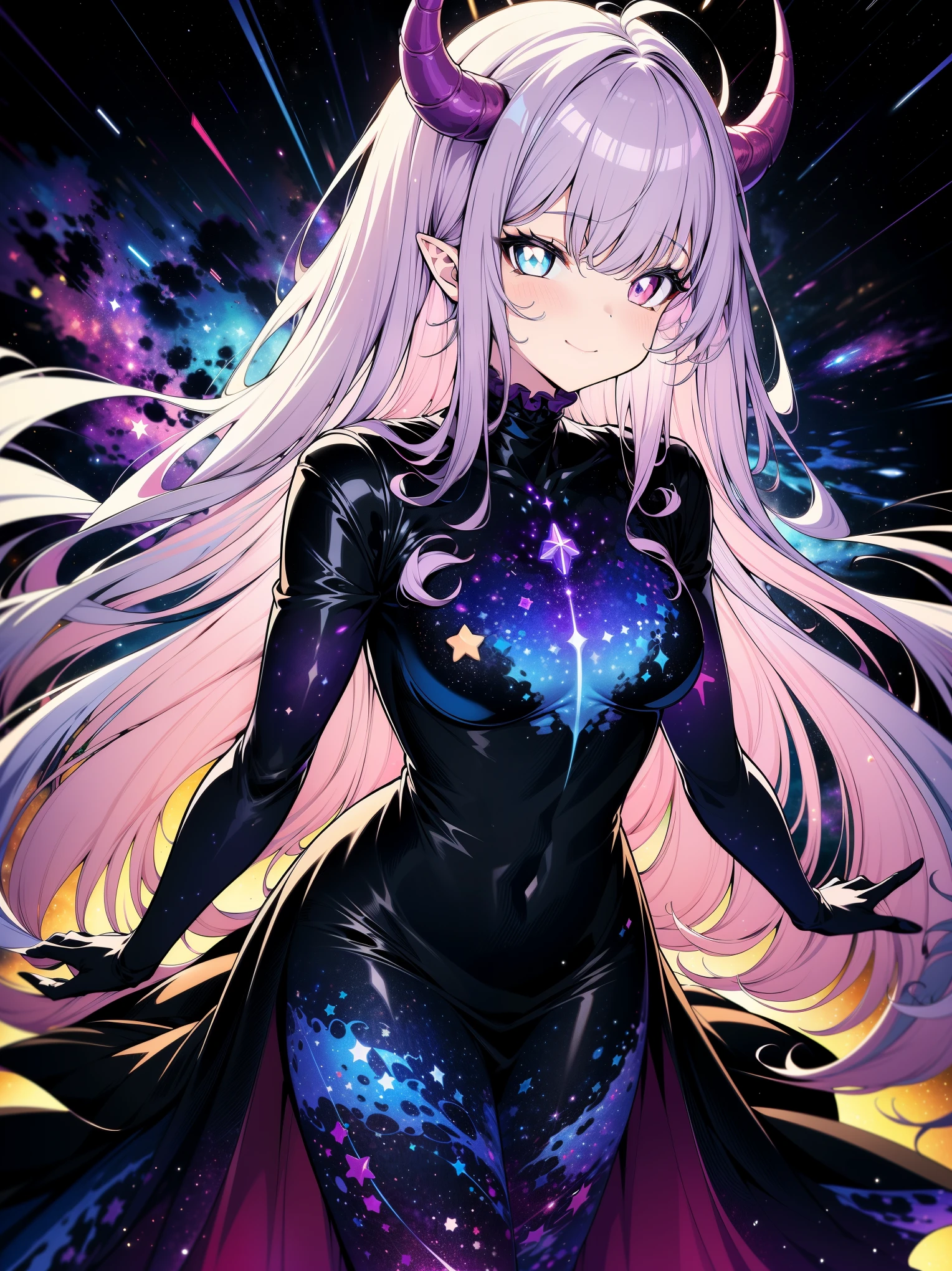(cowboy shot), (best quality, ultra-high resolution, depth of field:1.2), adult, 1woman, medium breasts, wide hips, athletic figure, mid-air twist, wavy hair (rainbow highlights:1.6), colorfulmix, sitting on an asteroid, looking at viewer, space scenery, galaxy, gentle smile