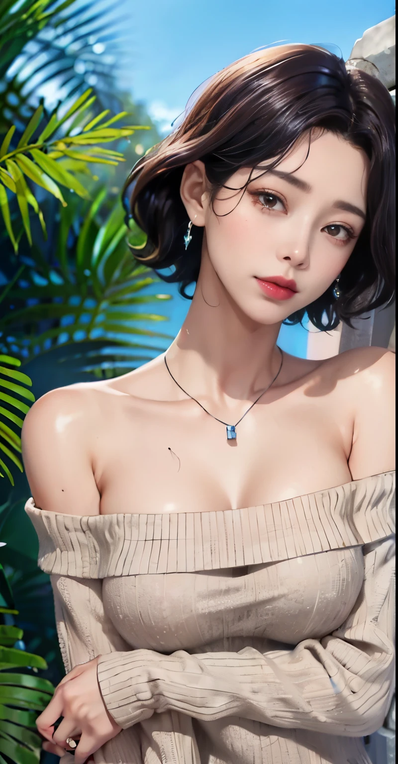 (Highest quality,High resolution,Pixel perfect,8K), (1 Girl:1.2), Beautiful woman,((Wavy mid-length hair, bangs, Brown Hair)), ((Brown eyes, Beautiful eyelashes, Realistic eyes)), ((Detailed face, blush:1.2)), ((Smooth texture:0.75, Realistic texture:0.65, Realistic:1.1, Anime CG Style)), Medium Chest, Perfect body, (Earrings,necklace,A shy smile), ((nude:1.1), (Multiple Views,Two views)