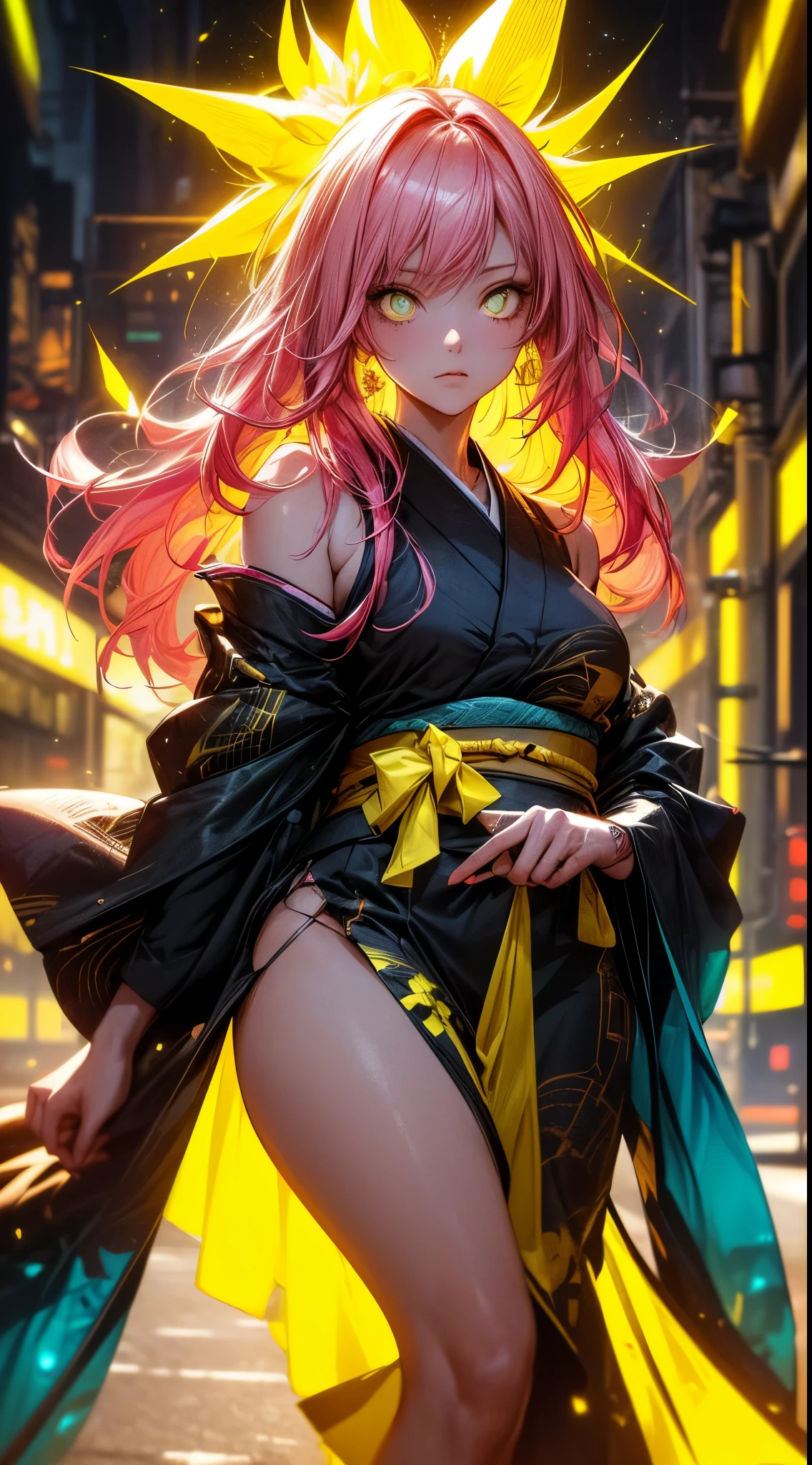 (1girl in)、(Plump beauty)、(neon pink hair)、(30-years old)、(Top image quality)、(8K picture quality)、(cyberpunked)、(masutepiece)、 (Flickering of light)、(Wear a cyberpunk kimono)、cinematric light, Cinema Shadow, Sharp Image, Extremely detailed, Volumetric, Bright sprites, particles effect, beautiful effects, Vivid colors, neons, Neon light, Highly detailed image textures, detailed hairs, Detailed eyes,  city、neon pink hair、Eyes glow、(Yellow aura emanating from clothes:1.5)、Photo from the knee up、