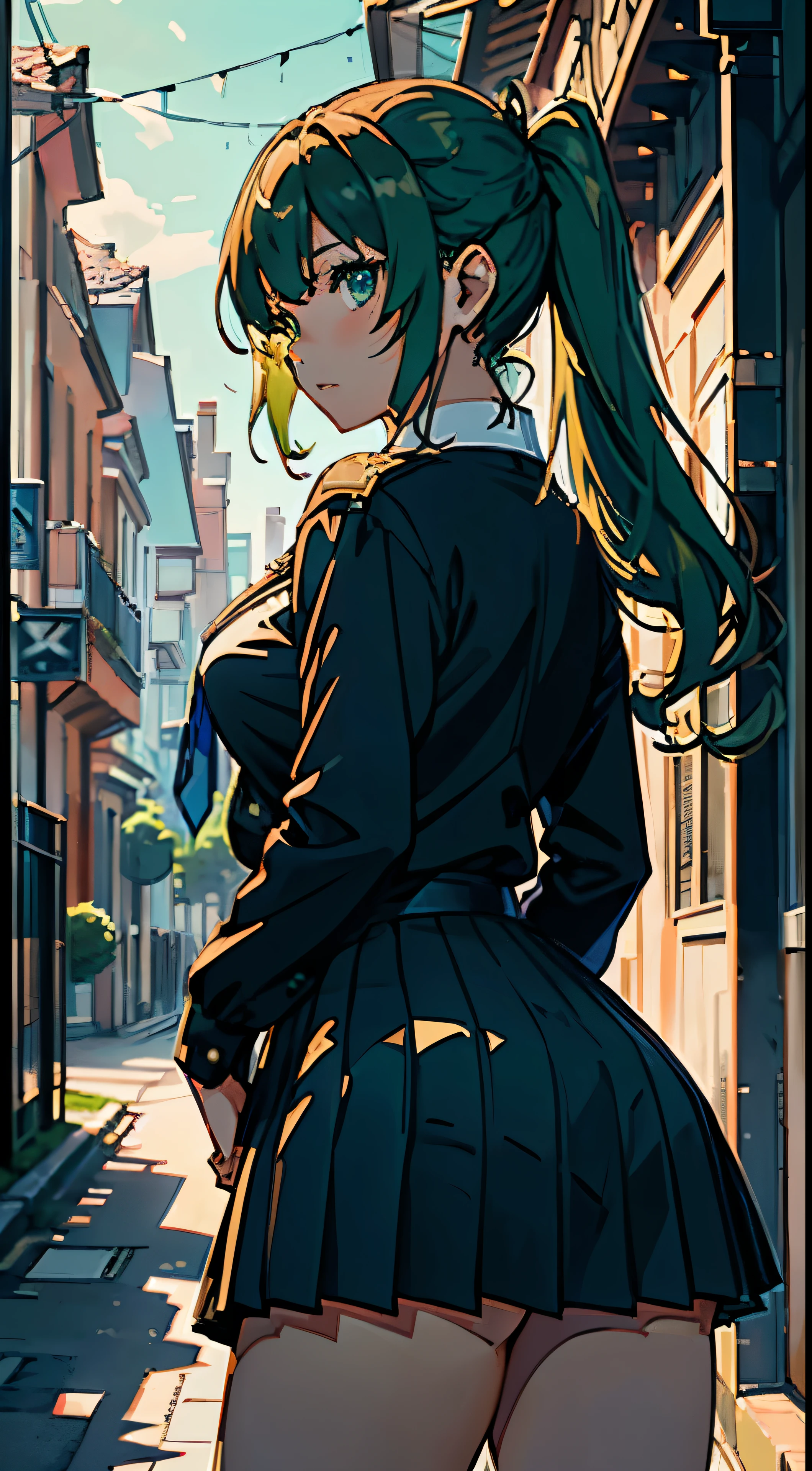 (Masterpiece), (Best quality, ultra-high definition), (One girl, solo), (Nagara from Azur Lane), (Outdoors), (Gazing directly at the viewer),

(School uniform: navy blue jumper with white collar and cuffs), (Detailed textures: blouse with buttoned placket, pleated knee-length skirt, necktie), (Origami motif accentuating the uniform),

(Wavy chestnut hair cascading down her back), (Expressive green eyes, slightly widened in wonder), (Expressive curves accentuated by the outfit),

(Dynamic lighting, casting dappled shadows on the leaf-stre