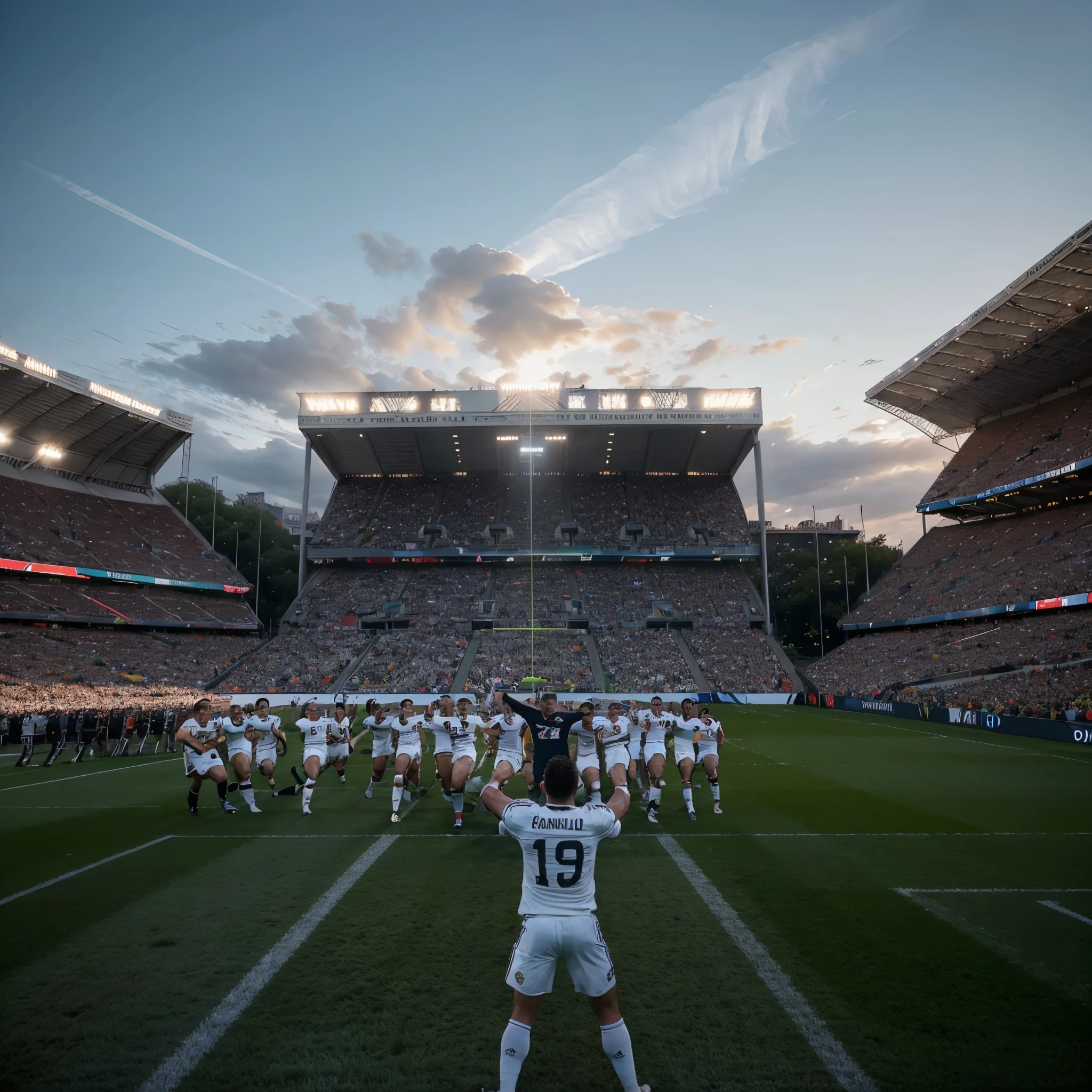 (Best quality, Ultra-high definition, masterpiece: 1.1), Dramatic photo of the Manchester United vs Real Madrid football match, Iconic stadium setting, (Sharp focus on the football field: 1.5), Thousands of passionate fans cheering, Vibrant colors of team jerseys, Green grass texture, Blue Manchester United shirts against the White Real Madrid kits, White balls contrasting against the green field, (Wide angle lens: 0.8), High contrast shadows, Dynamic lighting, Dramatic expressions on the players' faces, Goalpost in the foreground, Fans waving team flags in the background, Crowd surging with emotions,