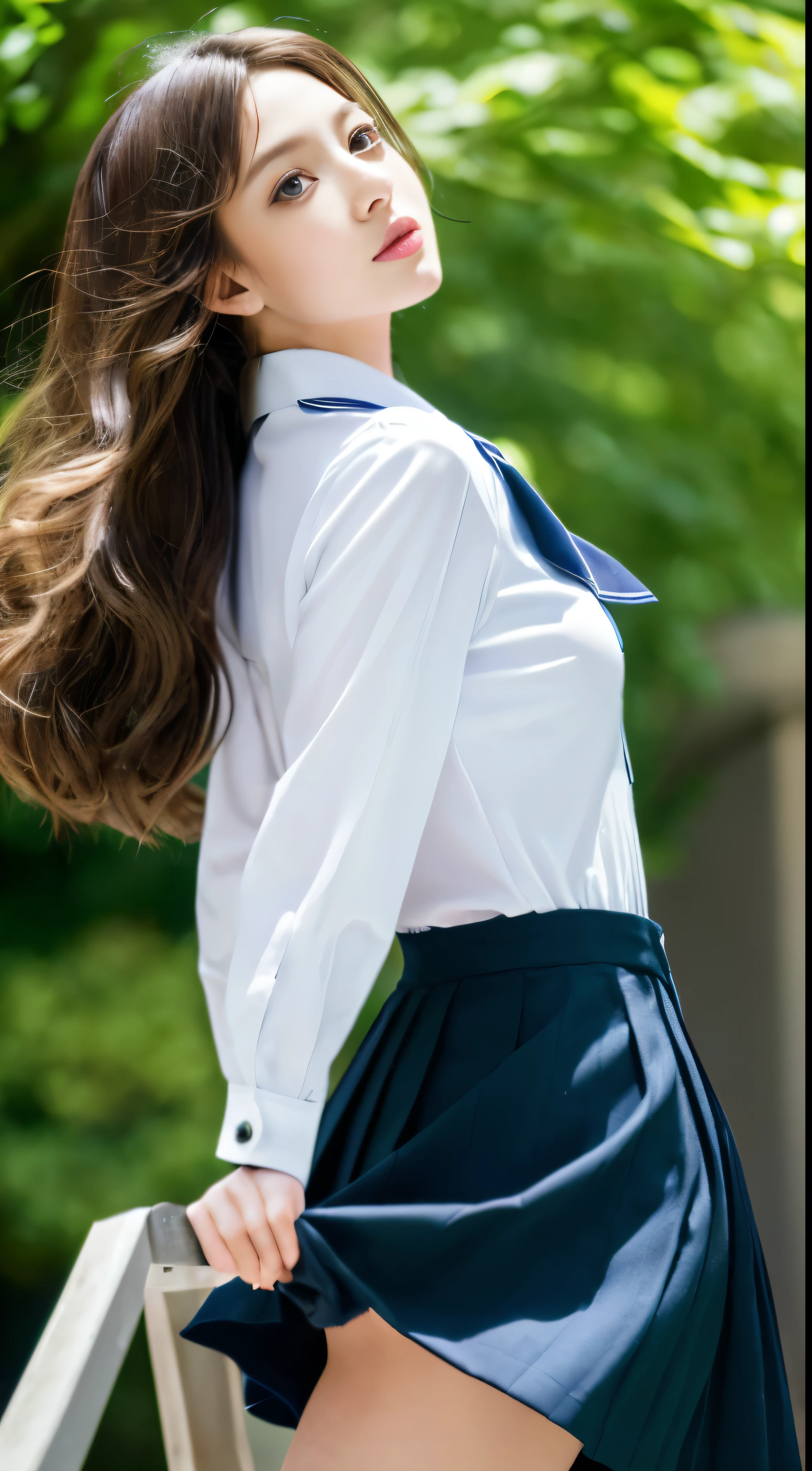 (masterpiece)、(Highest image quality、Ultra high definition)、(one girl、solo)、(Azur Lane Nagara)、(outdoor)、(look directly at the viewer)、 (uniform:Navy jumper with white collar and cuffs)、(Fine texture:blouse with button placket、knee length pleated skirt、tie)、(Origami motifs that make uniforms stand out)、 (Her wavy chestnut hair cascades down her back.)、(expressive green eyey eyes widen a little in amazement.)、(Expressive curves emphasized by costumes)、 (dynamic lighting、casts mottled shadows on the leaves