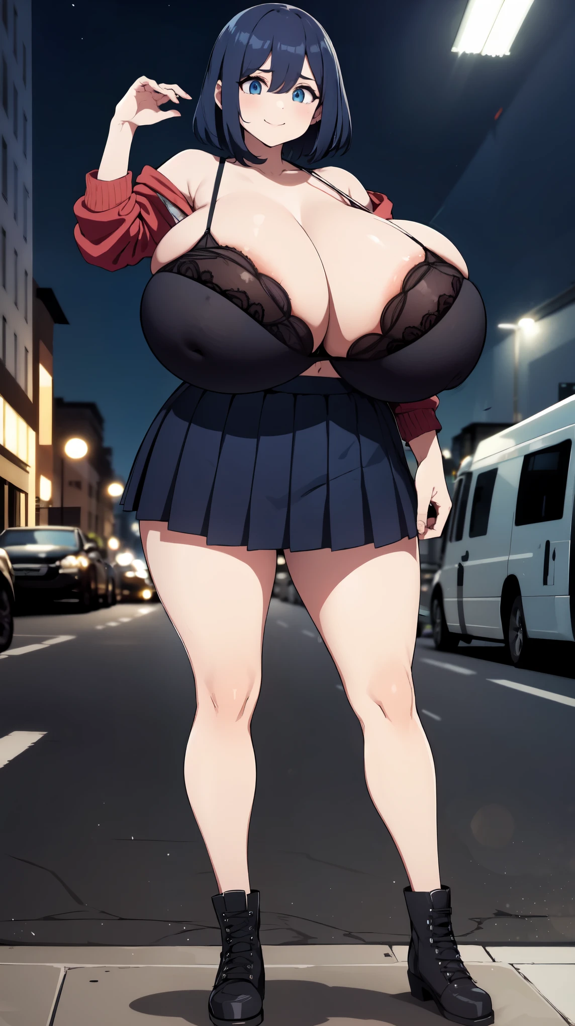 1girl, black_skirt, blue_hair, building, city, cityscape, hair_between_eyes, jacket, looking_at_viewer, medium_hair, multicolored_hair, multiple_boys, night, off_shoulder, outdoors, pleated_skirt, road, shirt, skirt, skyscraper, smile, solo_focus, street, white_shirt, ginormous breasts, overflowing bra, Huge plump breasts, sexy posing, sexy posture ,solo