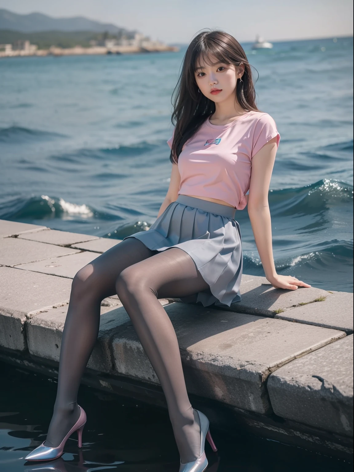 (whole body:1.5)，(1 girl:1.3),(view viewer:1.4)，(correct ???????:1.3),(sitting on the sea:1.2),(pink and blue rubber skirt :1.2),( dim gray pantyhose:1.3),( girl&#39;s pointed thick heels :1.1)，(accurate and perfect face:1.3),hyper hd, ray tracing, reflected light， structurally correct, Award-winning, high detail, Brighten the contrast of shadows, face lighting ，cinematic lighting, masterpiece, super detail, high quality, high detail, 最high quality, 16k，high contrast,