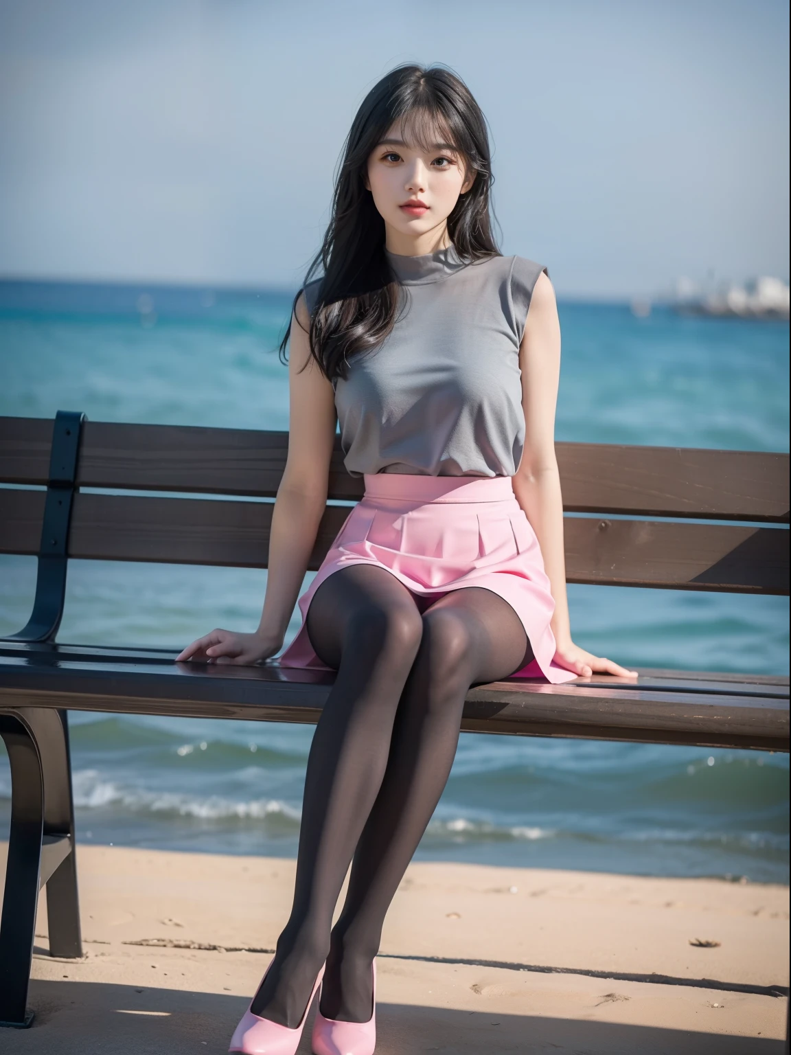 (whole body:1.5)，(1 girl:1.3),(view viewer:1.4)，(correct anatomy:1.3),(Sitting on a bench by the sea:1.2),(pink and blue rubber skirt :1.2),( dim gray pantyhose:1.3),pumps、( girl&#39;s pointed thick heels :1.1)，(accurate and perfect face:1.3),hyper hd, ray tracing, reflected light， structurally correct, Award-winning, high detail, Brighten the contrast of shadows, face lighting ，cinematic lighting, masterpiece, super detail, high quality, high detail, 最high quality, 16k，high contrast,black hair、whole body写真

